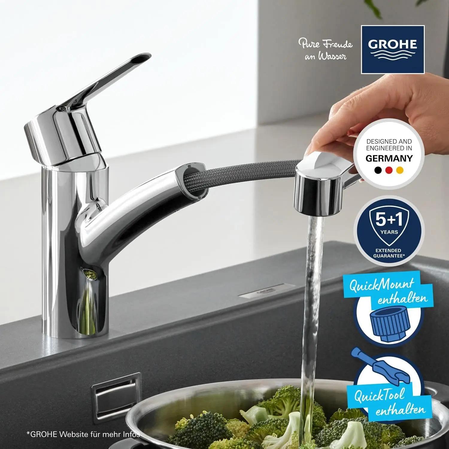 GROHE köögisegisti: eemaldatava dušiga, veesäästlik krom – kasutusnäide