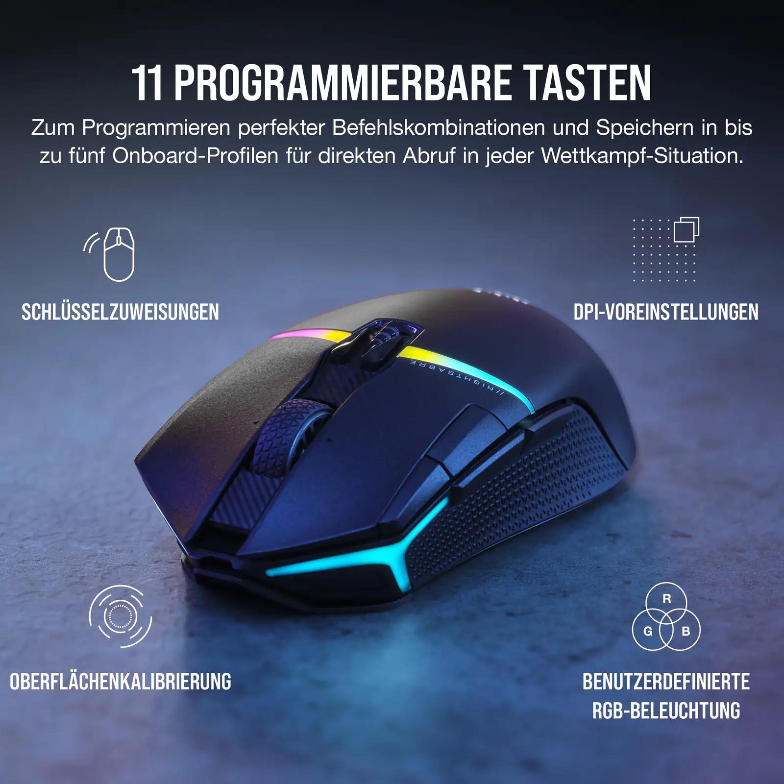 Corsair NIGHTSABRE traadita mänguhiir – kõrge DPI ja pika akuiga – pakend ja tarvikud