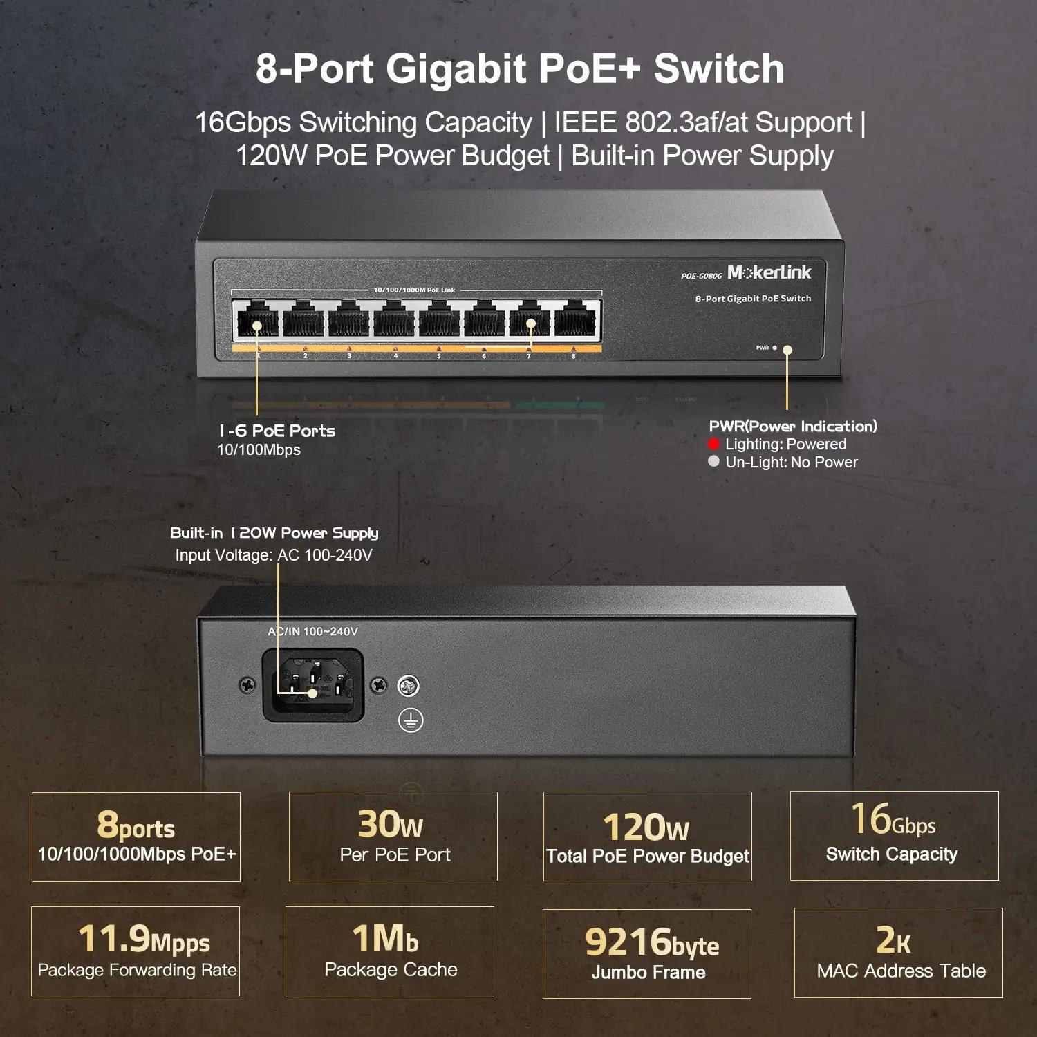 MokerLink metallist PoE-lüliti – robustne 8× Gigabit 120W – lisavaade