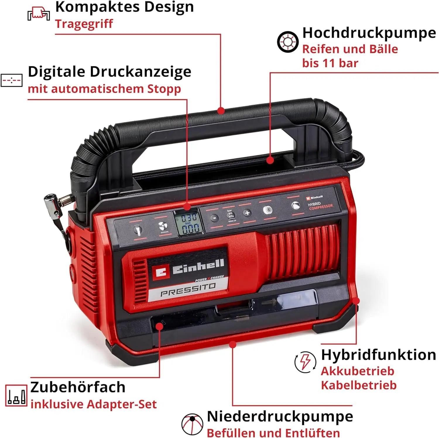 Einhell metallist hübriidkompressor PRESSITO – mugav rehvitäide – pakend ja tarvikud