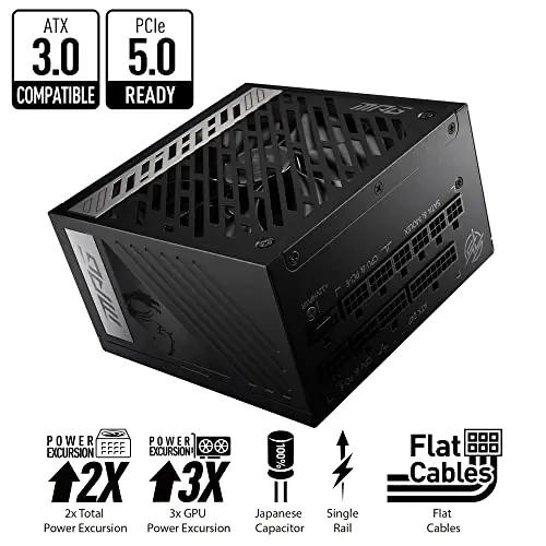MSI jõuline 1000W kuldne toiteplokk – modulaarne ATX 3.0 – pakend ja tarvikud