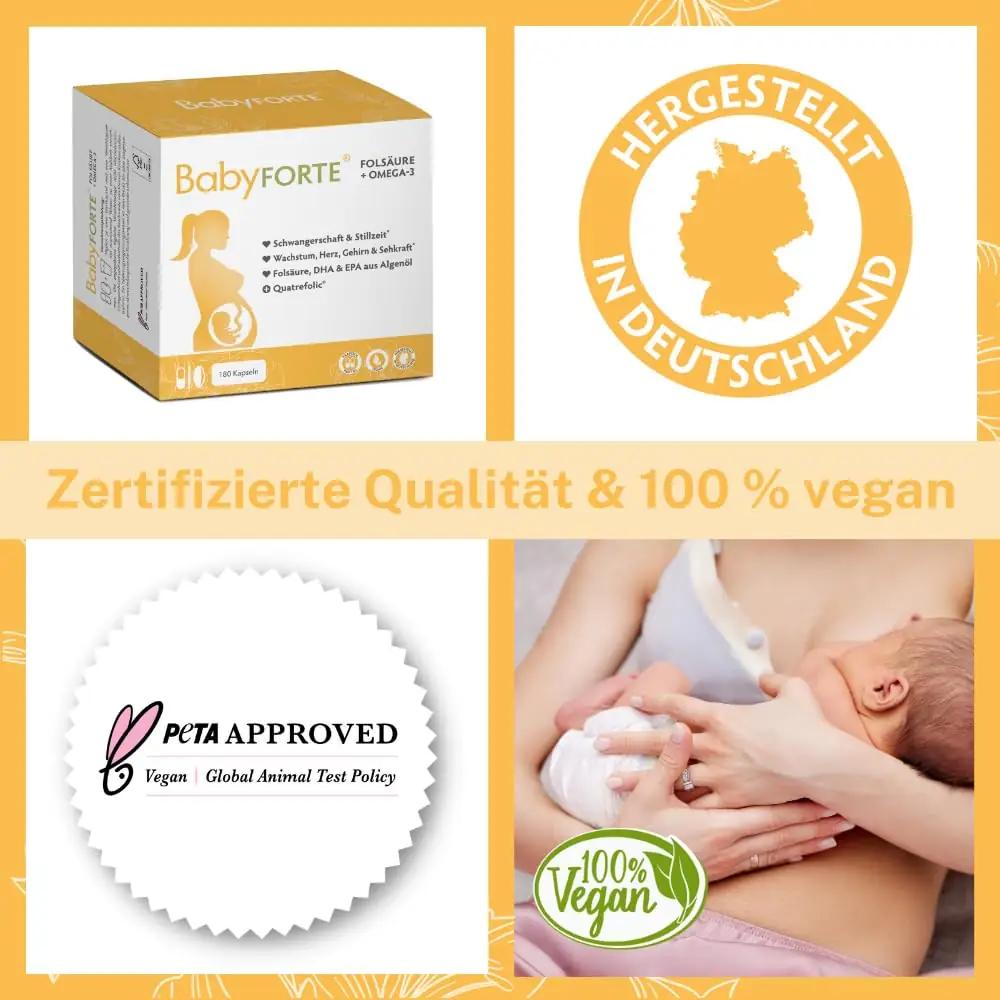 BabyFORTE rasedusvitamiinid folaat ja Omega-3 täiskomplekt – pakend ja tarvikud