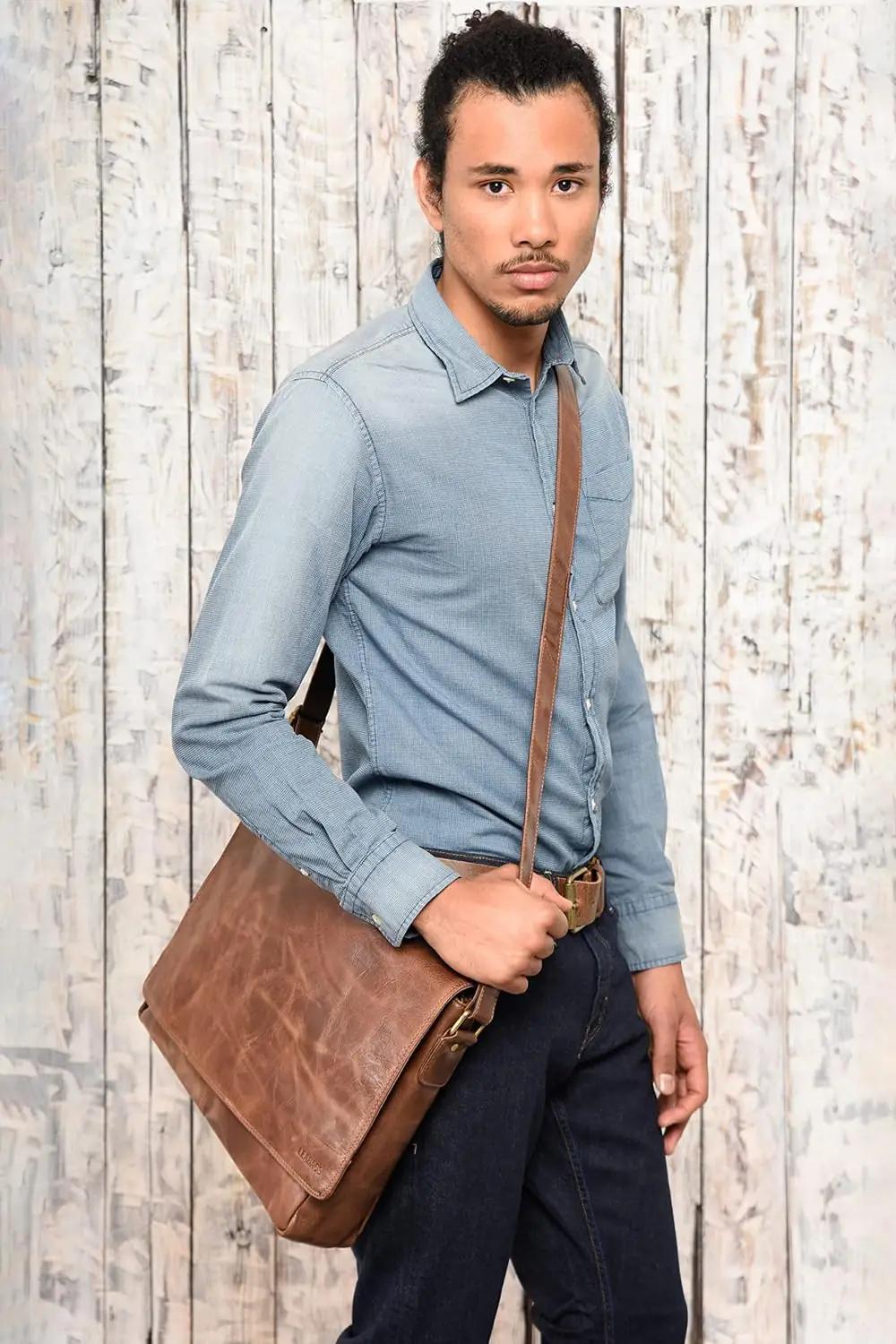 LEABAGS Buffalo-nahast õlakott 15″ sülearvutile, vintage – detailne vaade