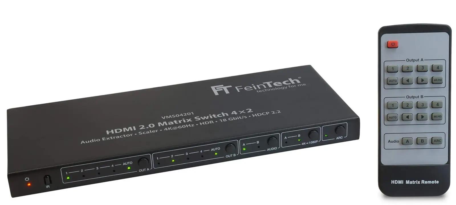 FeinTech HDMI-matrix 4×2 koos helieraldaja ja skaalaga – detailne vaade