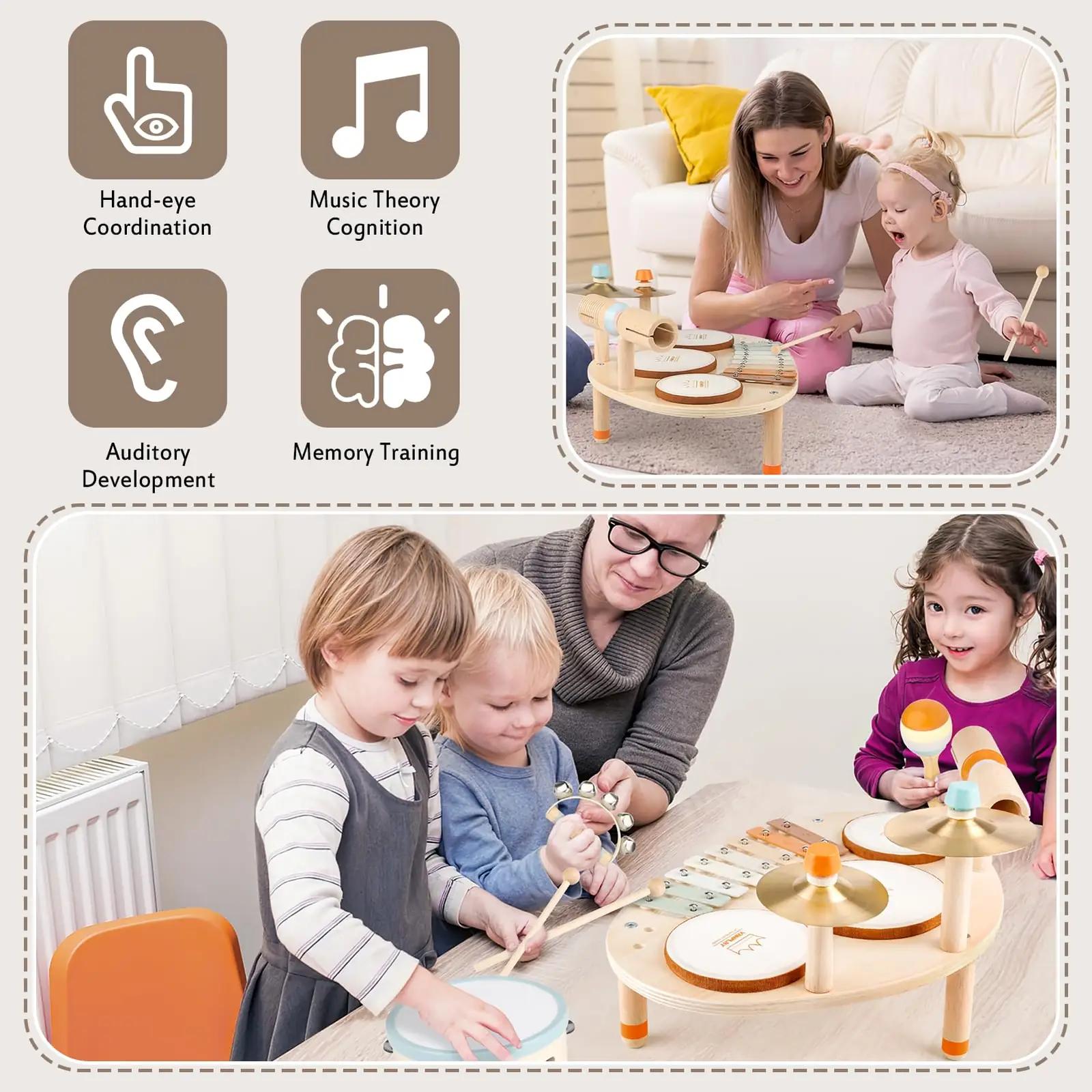 Vanplay puidust 9‑in‑1 laste trummikomplekt – Montessori mänguasi – pakend ja tarvikud