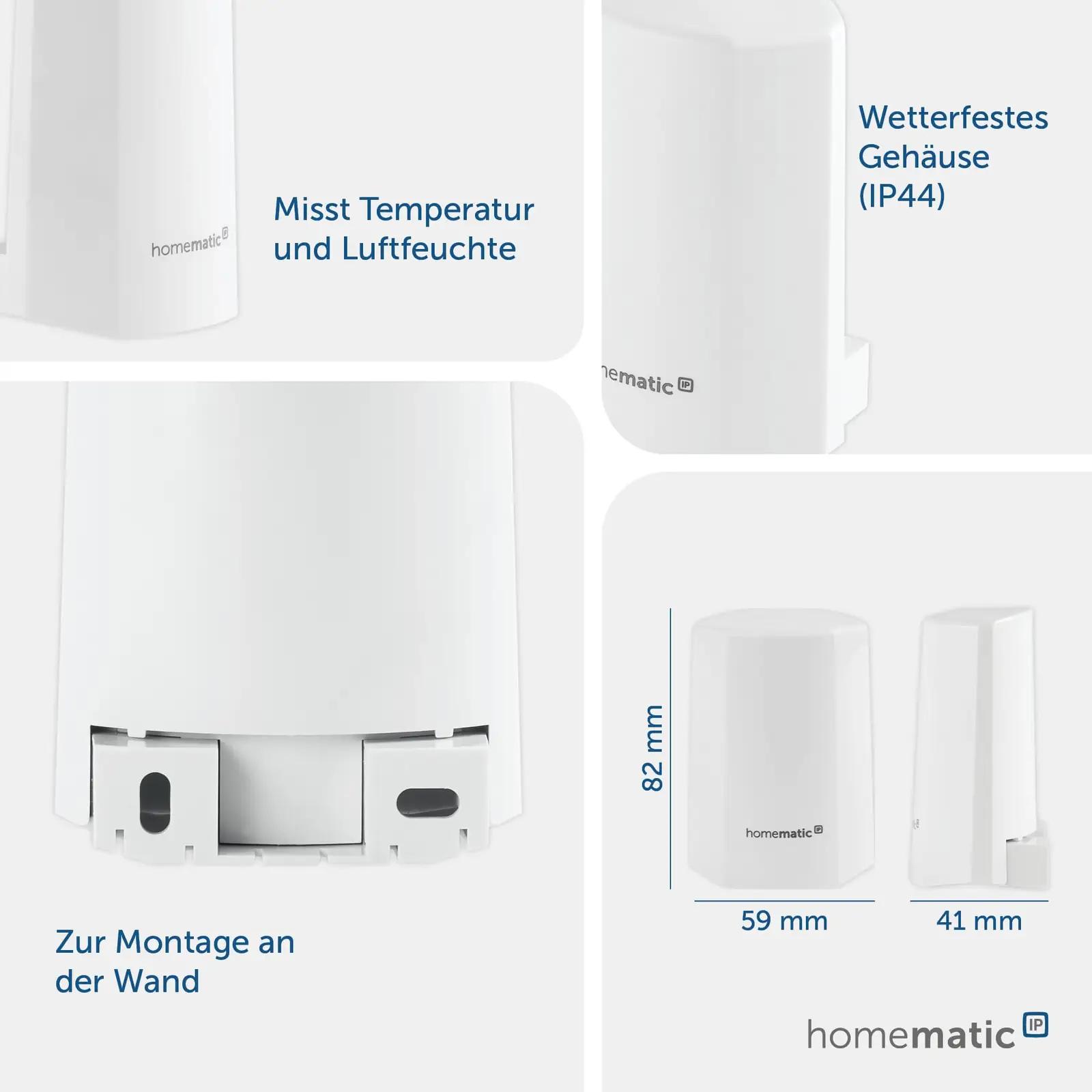 Homematic IP välistingimuste temperatuuri- ja niiskussensor valge – pakend ja tarvikud