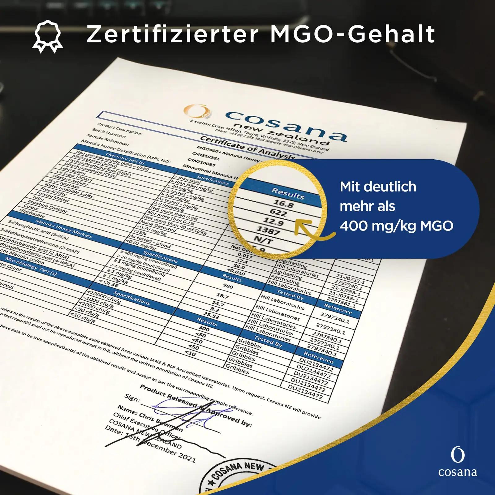 Cosana manuka mesi 400 MGO 500 g – puhas ja tervistav valik – pakend ja tarvikud