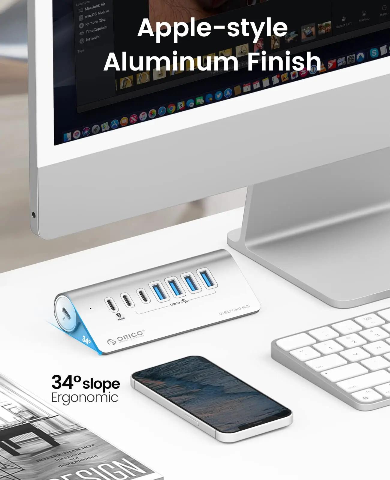 ORICO alumiiniumist USB-C hub – 7-port, PD 60 W ja 10 Gbps – lisavaade