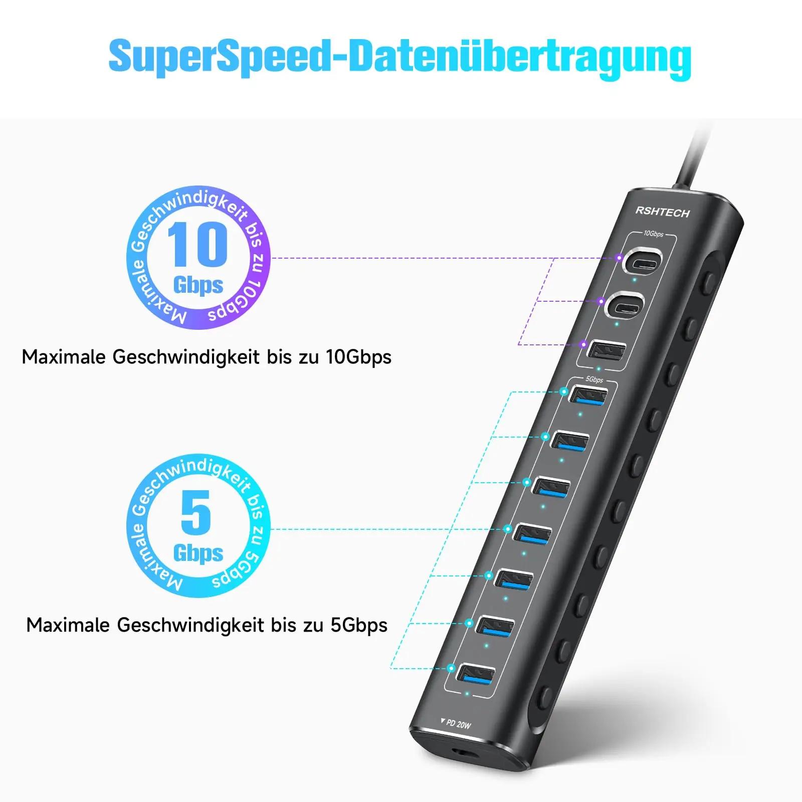 RSHTECH alumiiniumist USB-C ja USB 11-sisendiga jaotur – pakend ja tarvikud