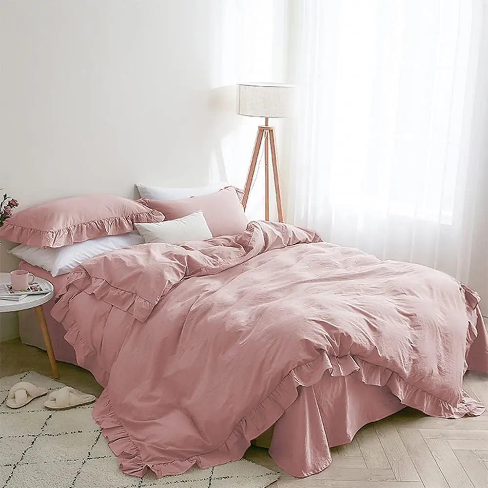 Lanqinglv pehme mikrofibra voodipesu roosa 200×200 komplekt – detailne vaade
