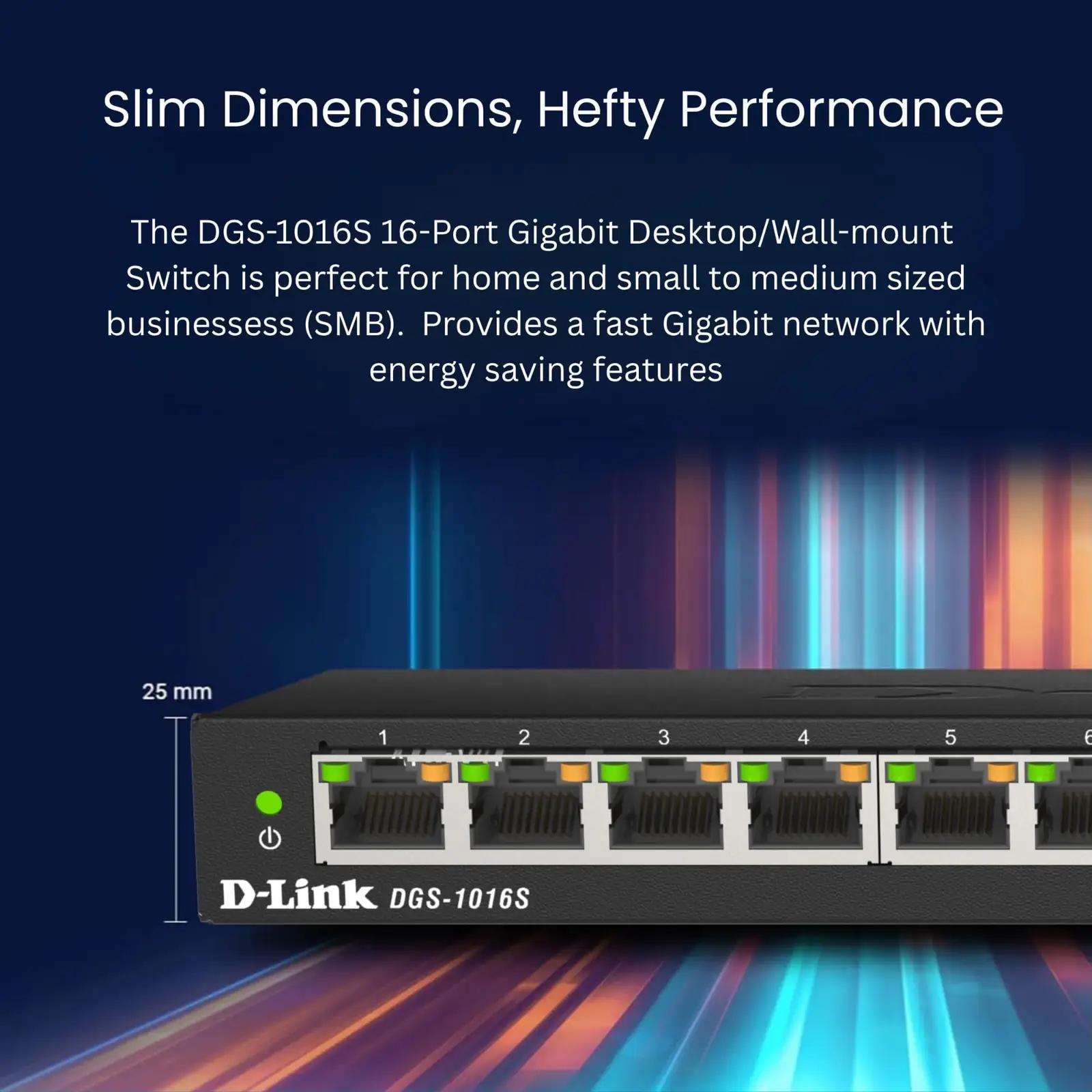 D-Link metallist 16-pordiline Gigabit switch koduvõrku – pakend ja tarvikud
