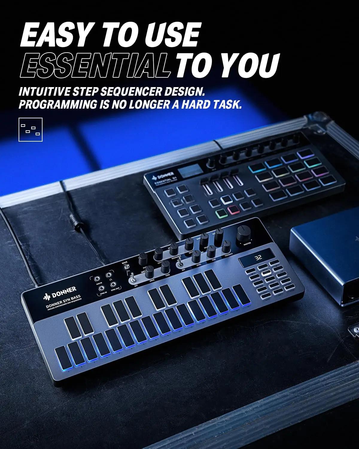 Donner Essential B1 analoog-bassisüntesaator — kompaktne – pakend ja tarvikud