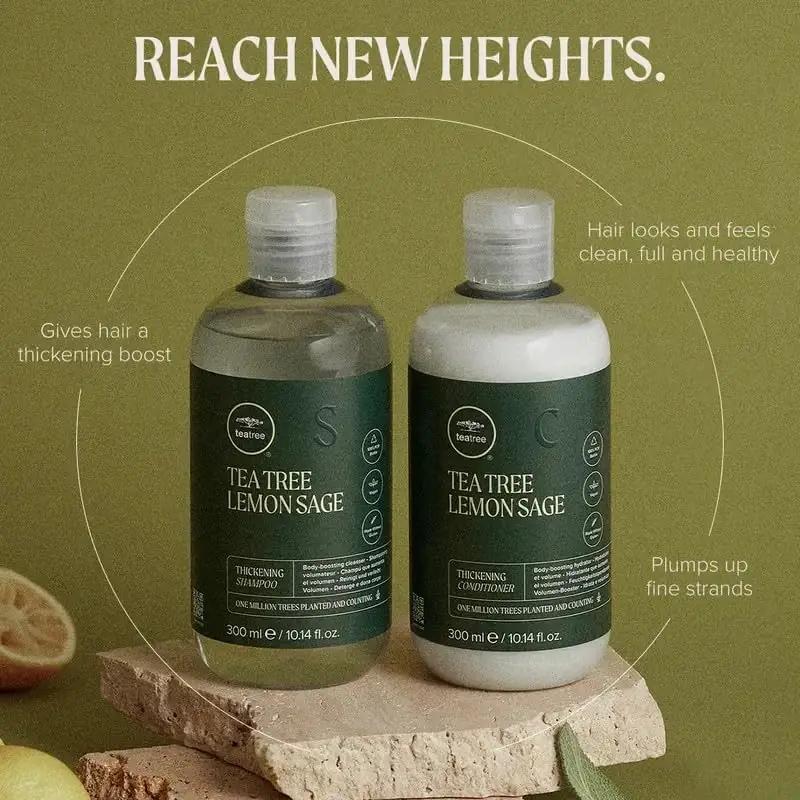 Tea Tree sidrun-salveel paksendav šampoon 1000 ml — tugevam – pakend ja tarvikud