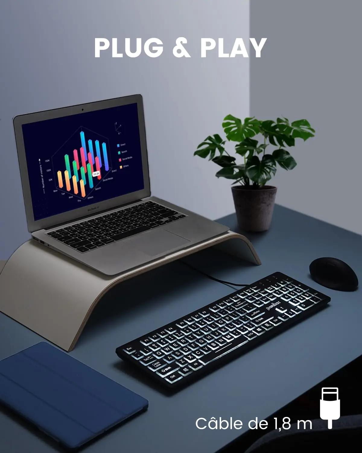 Perixx valge USB-klaviatuur – LED-taustvalgusega, bürokasutuseks – pakend ja tarvikud