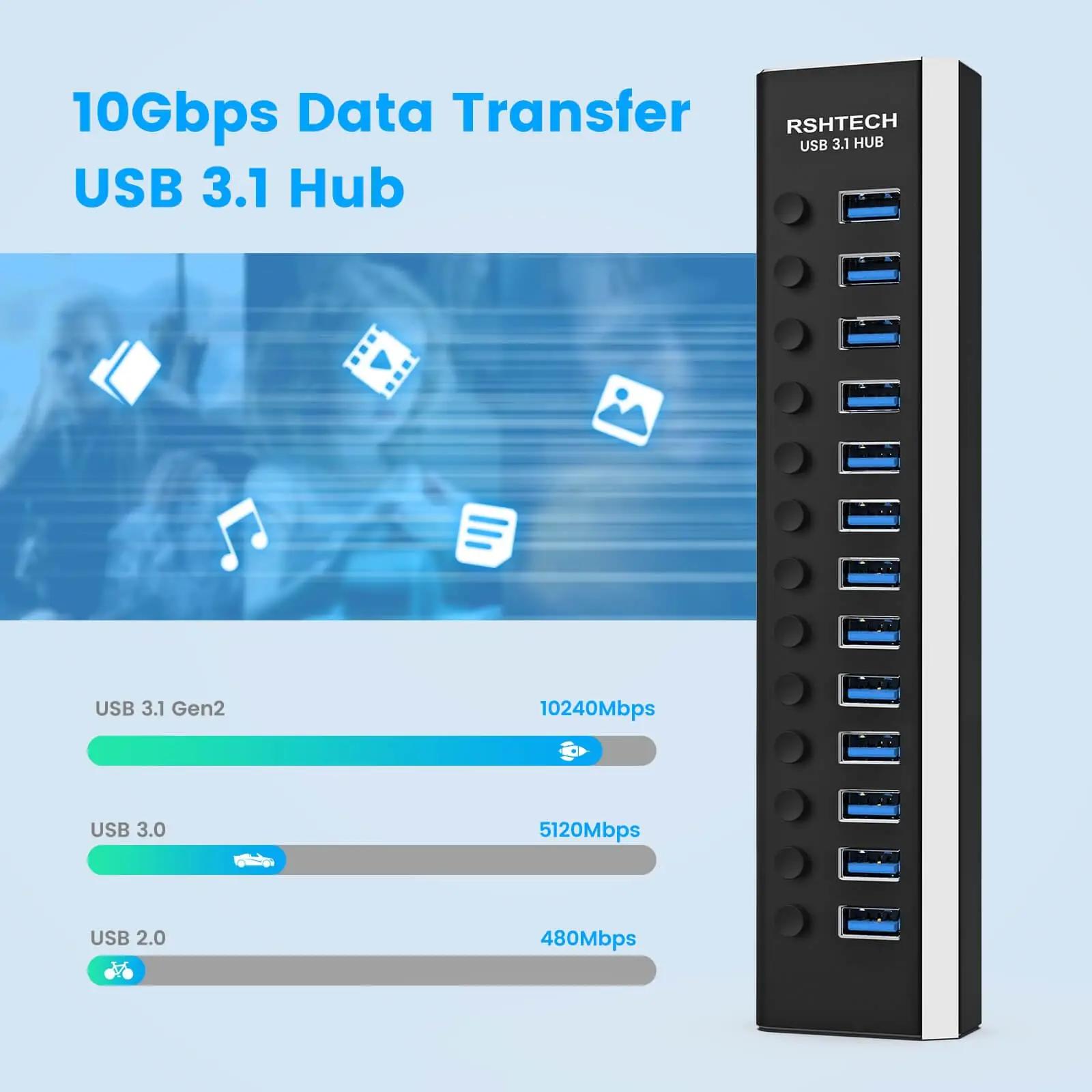 RSHTECH alumiiniumist 13-port USB hub — kiire laadimine ja – detailne vaade
