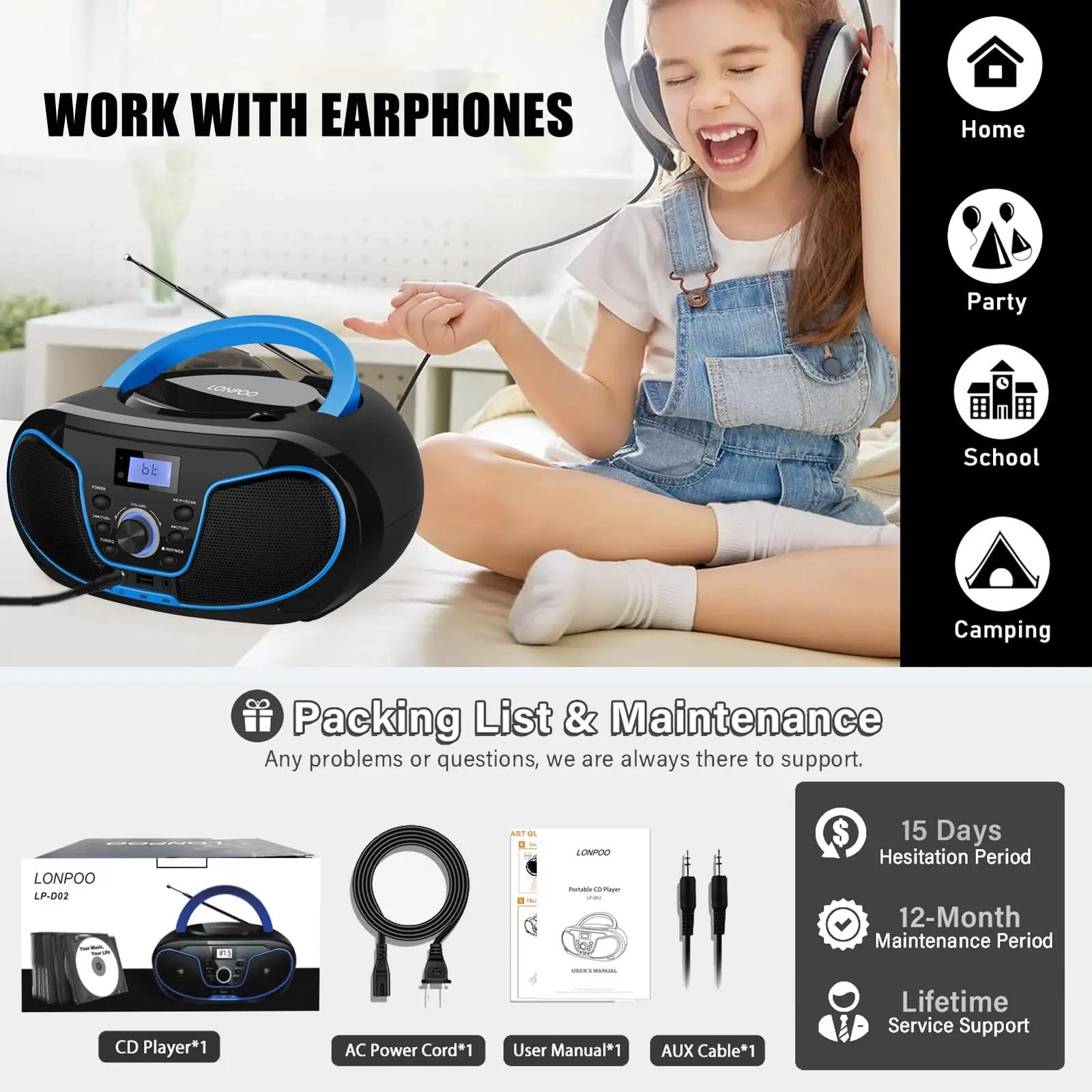 LONPOO kaasaskantav CD-boombox — mitmeühendusega muusikakeskus – pilt 8