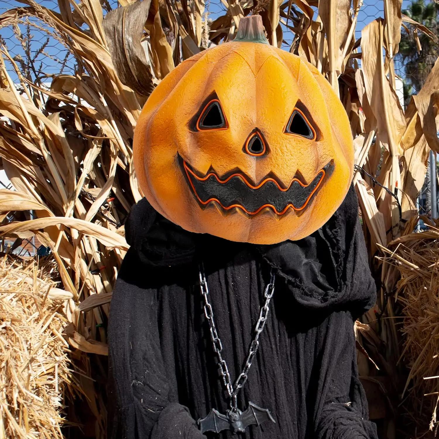 Creepy Party oranž kummist Halloween mask — realistlik peakattega – detailne vaade