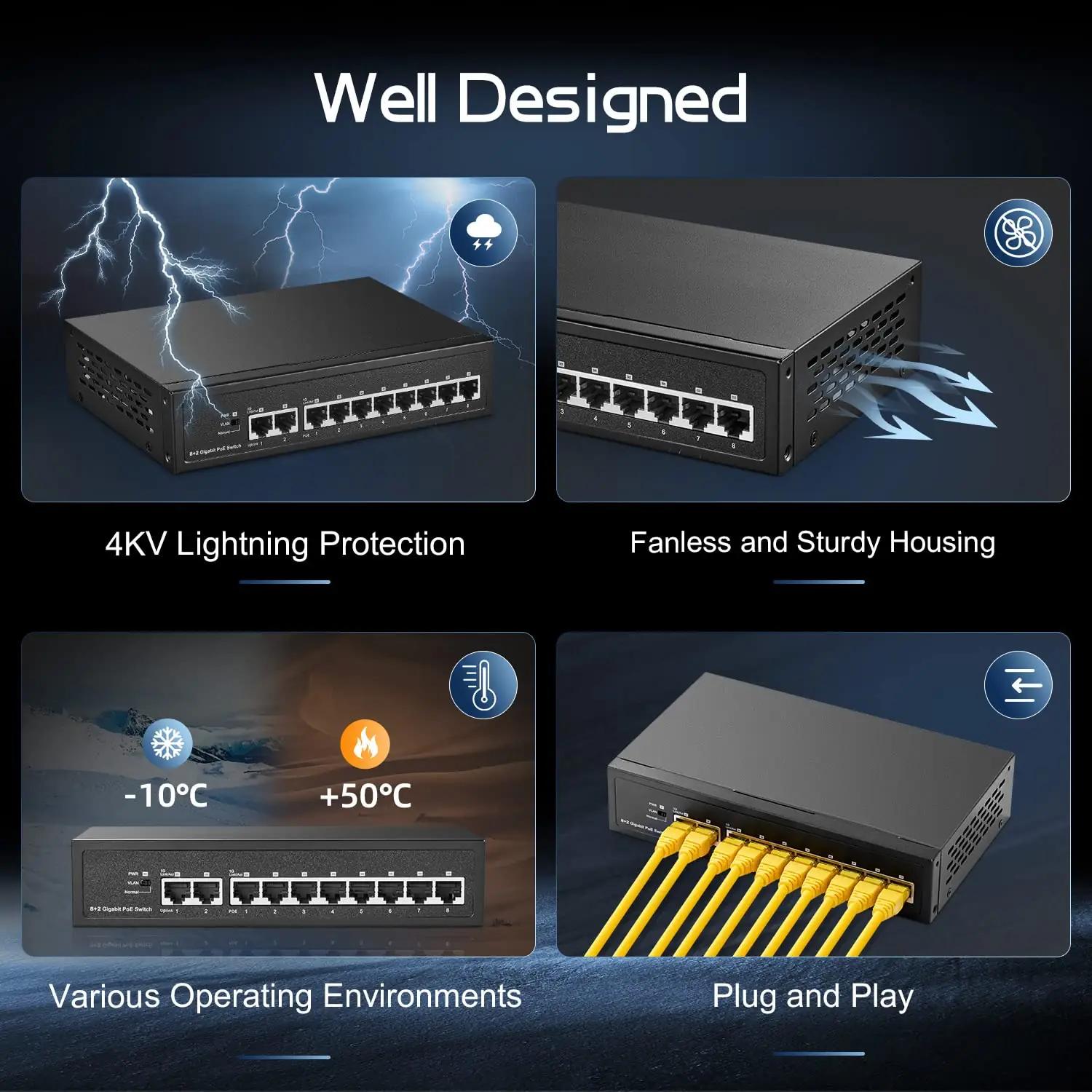 Binardat metallkorpus — 10 pordi Gigabit POE lüliti kodu- ja – lisavaade