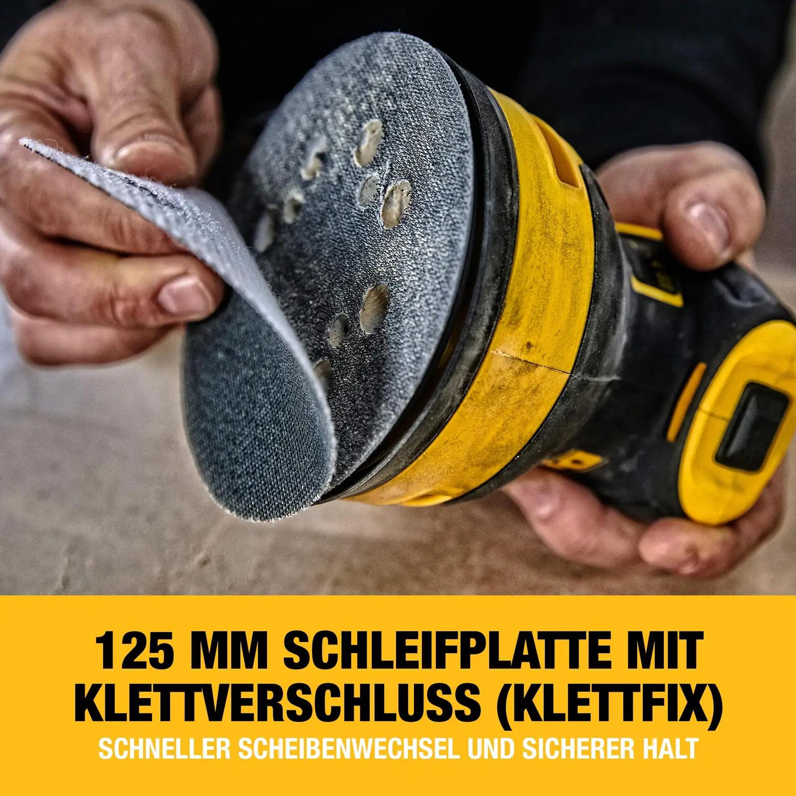 DEWALT vastupidav 125 mm eksentrik-lihvija — madal vibratsioon – pakend ja tarvikud