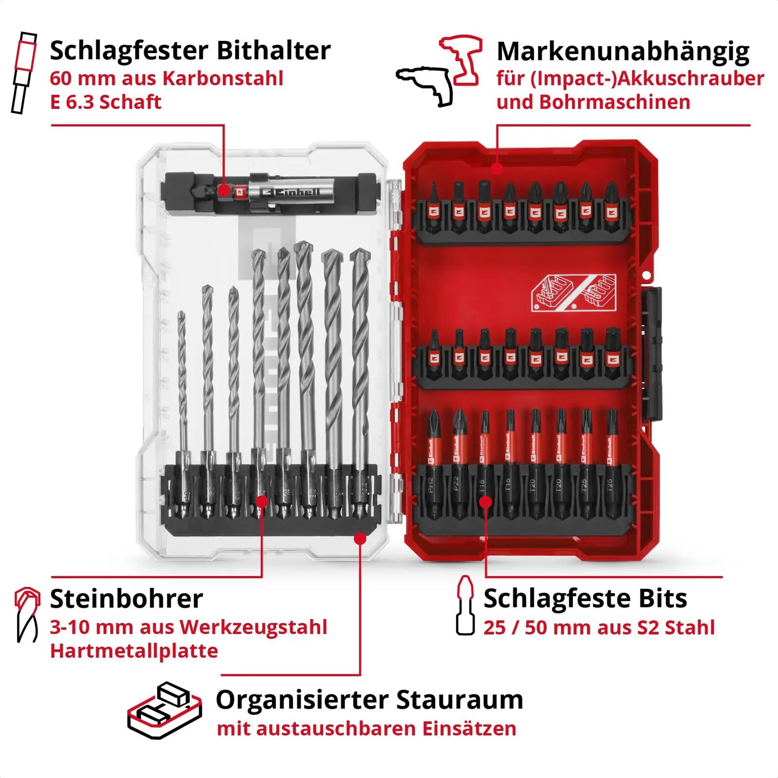 Einhell Accessories vastupidav 33-osaline bitikomplekt tööks – pakend ja tarvikud