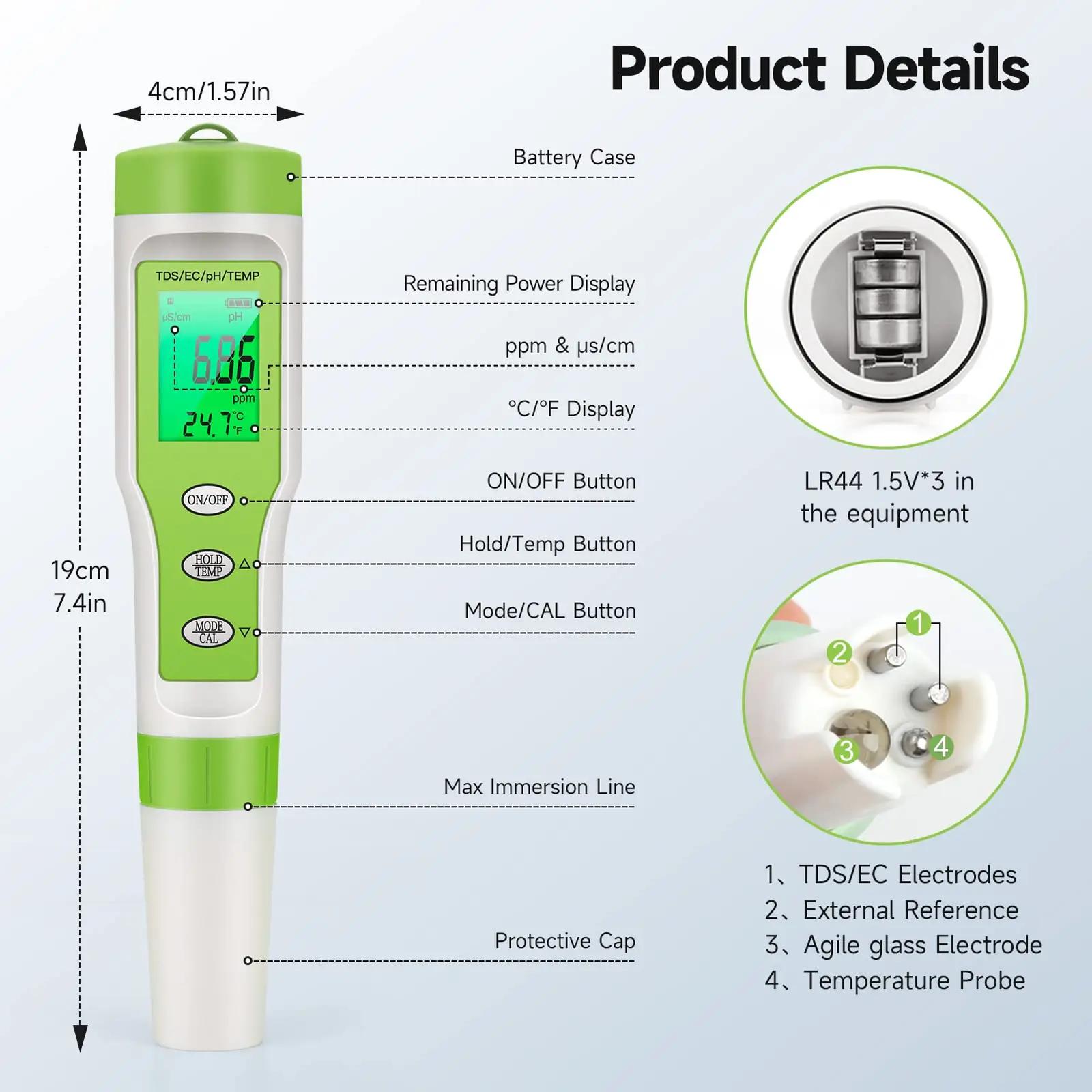 Ehomfy täpne 4-in-1 vesi- ja basseinitester – pH, TDS, EC, temp – detailne vaade