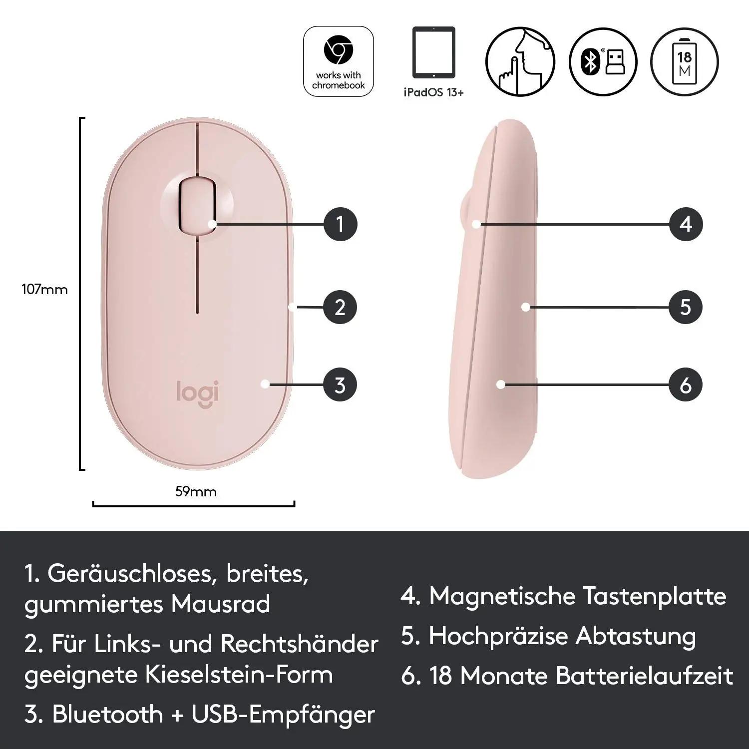 Logitech roosa õrn Pebble-hiir kontorisse ja kingiks – pakend ja tarvikud