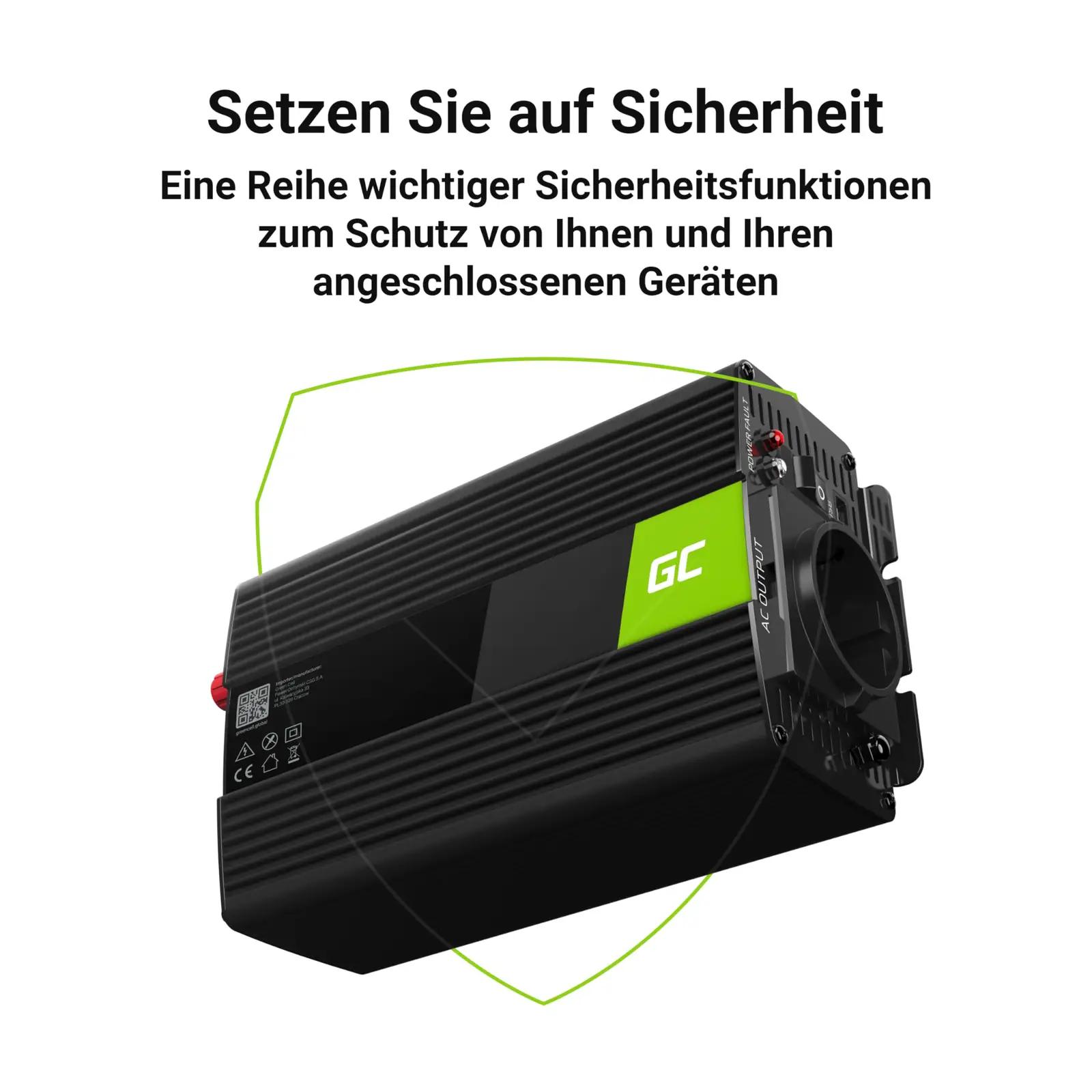 Green Cell inverter 12V–230V – auto ja matkasõidukile – pakend ja tarvikud