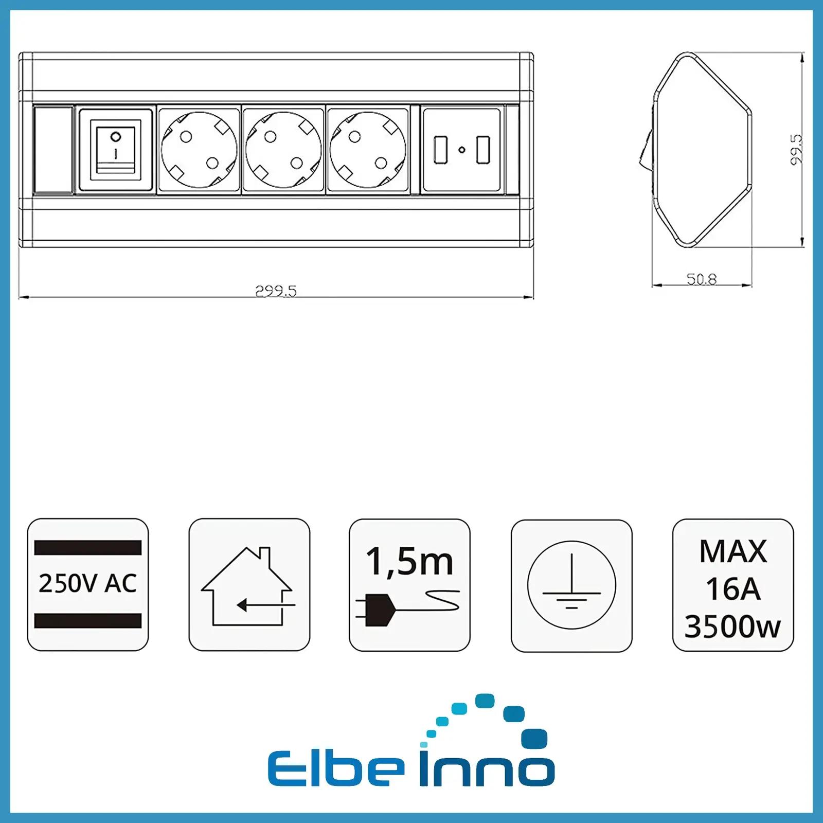 Elbe Inno alumiiniumist nurgapistik 3x + 2 USB ja lüliti – pilt 6