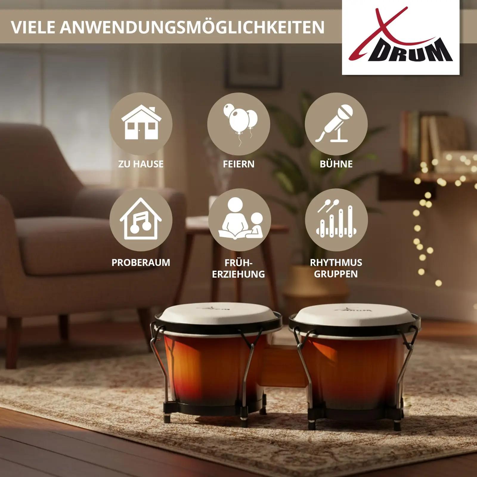 XDrum puidust bongotrommeln – soojad Sunburst toonid – lisavaade