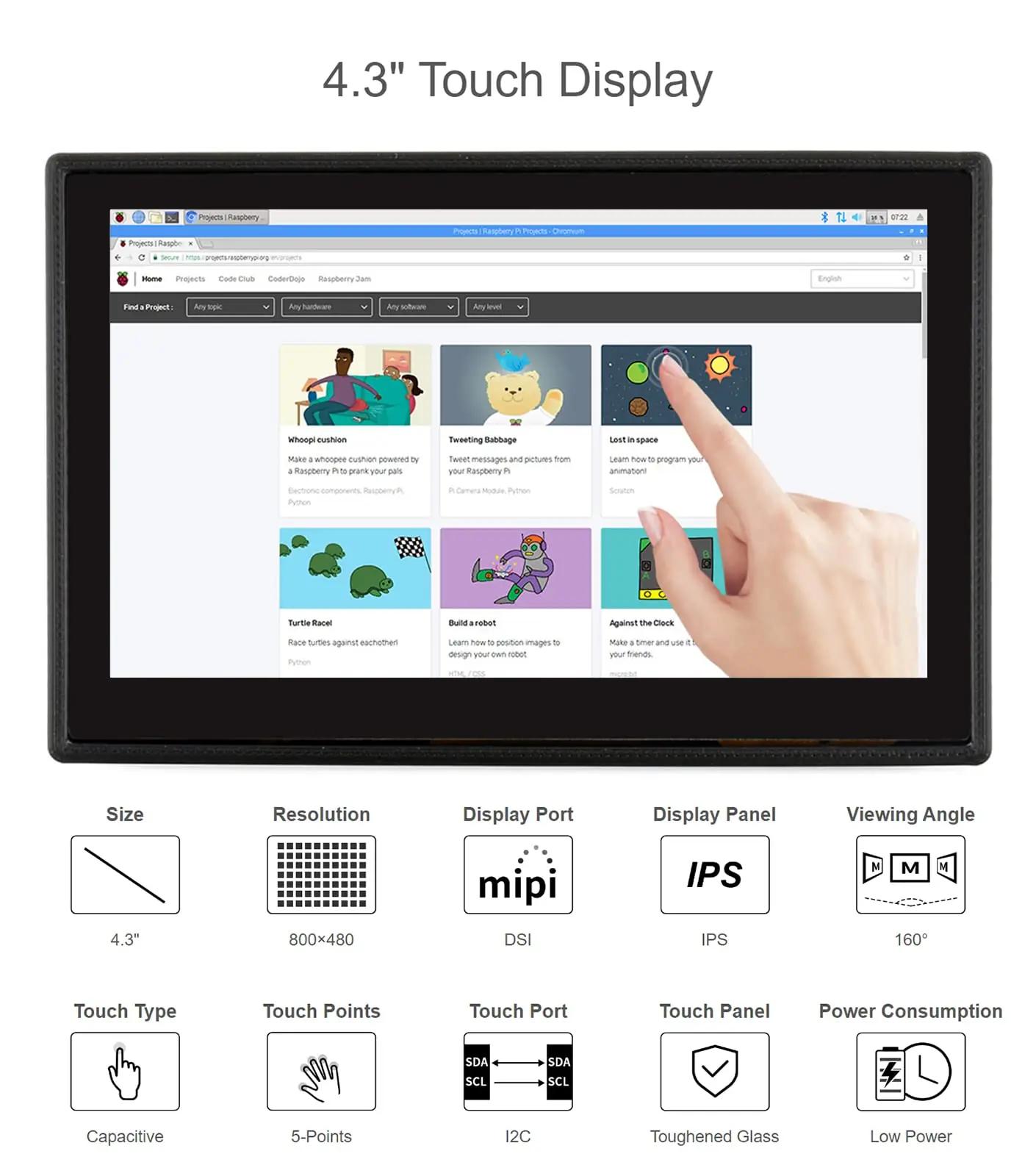 Waveshare 4.3″ DSI LCD koos korpusega — kompaktne puutetundlik – detailne vaade