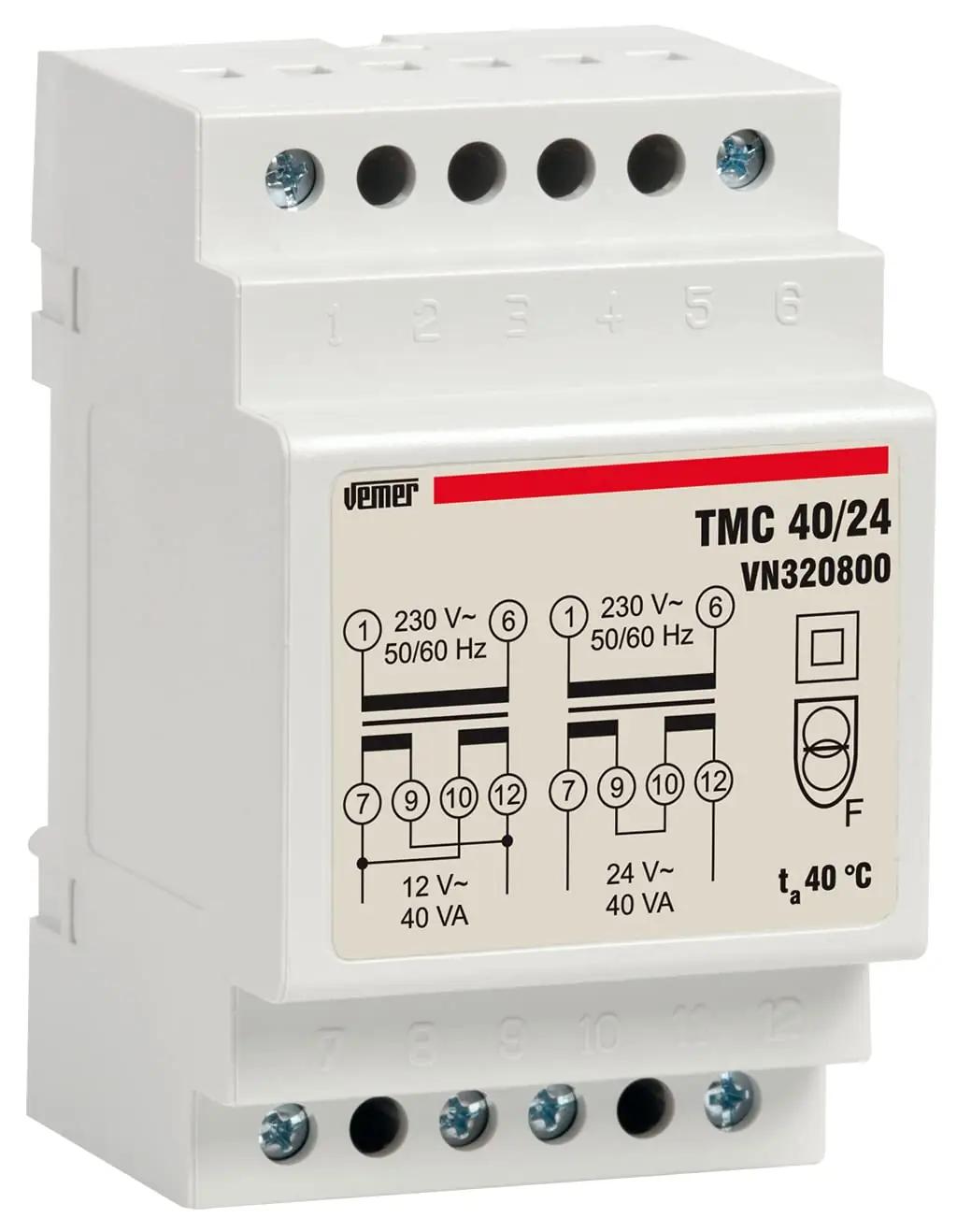 VEMER juhtmevaba DIN-kinnitusega trafo — 12–24V, 40VA