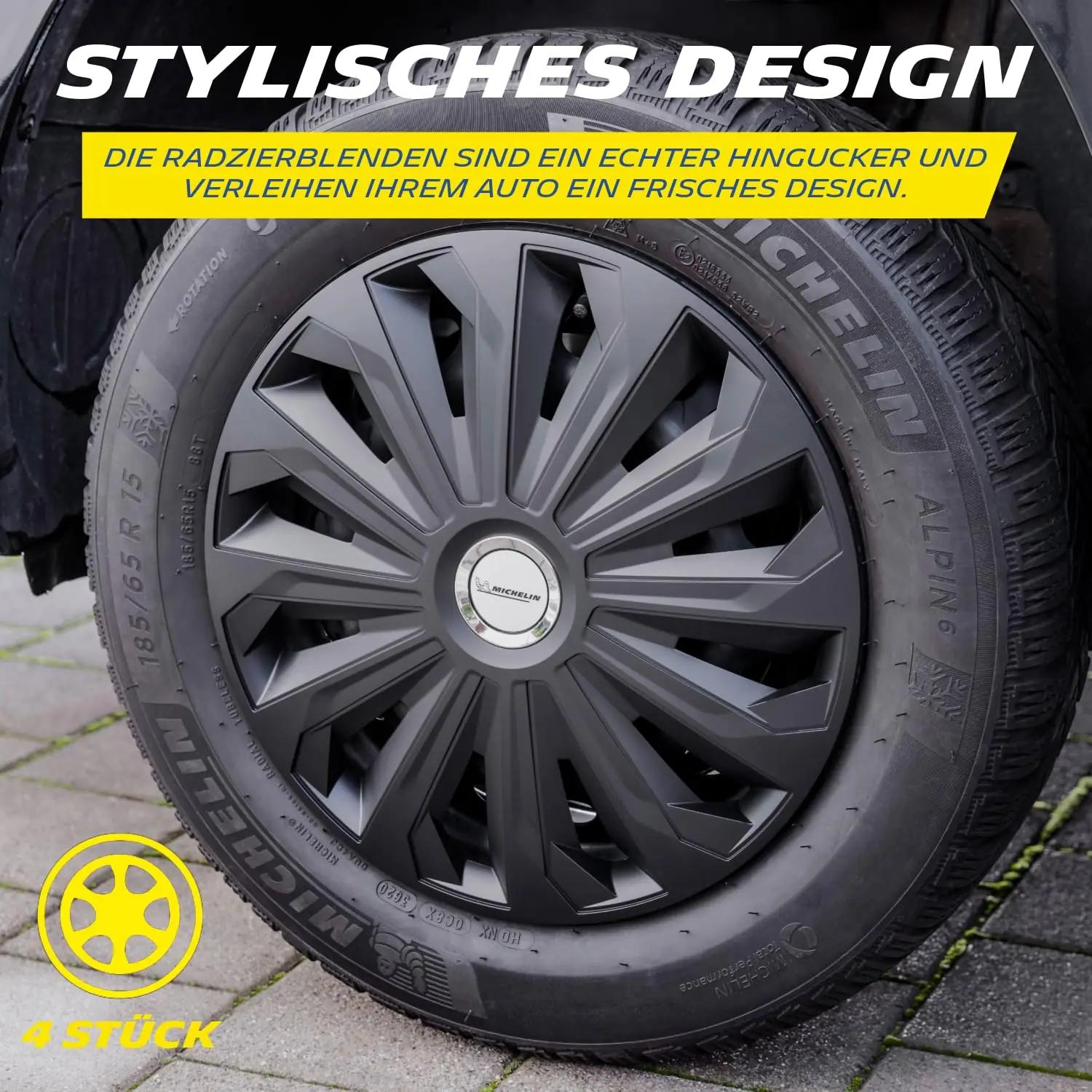 MICHELIN mustad ABS-rattaklapid 15 zoll — universaalne kaitse – pakend ja tarvikud
