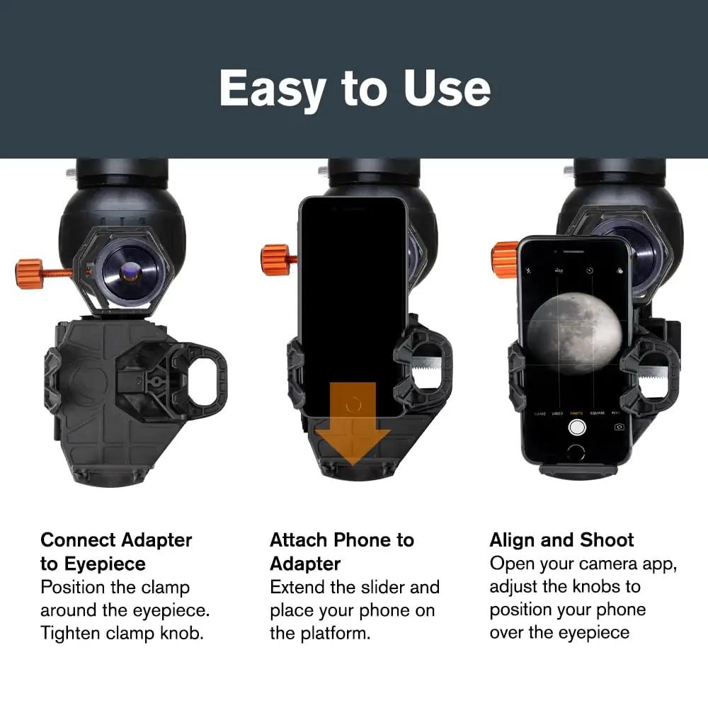 Celestron metallist nutitelefoni digiadapter – täpne astrofoto – pakend ja tarvikud