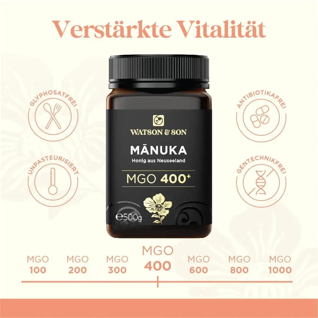 Watson & Son Manuka mesi 500 g — tugev MGO 400+ kvaliteet – lisavaade