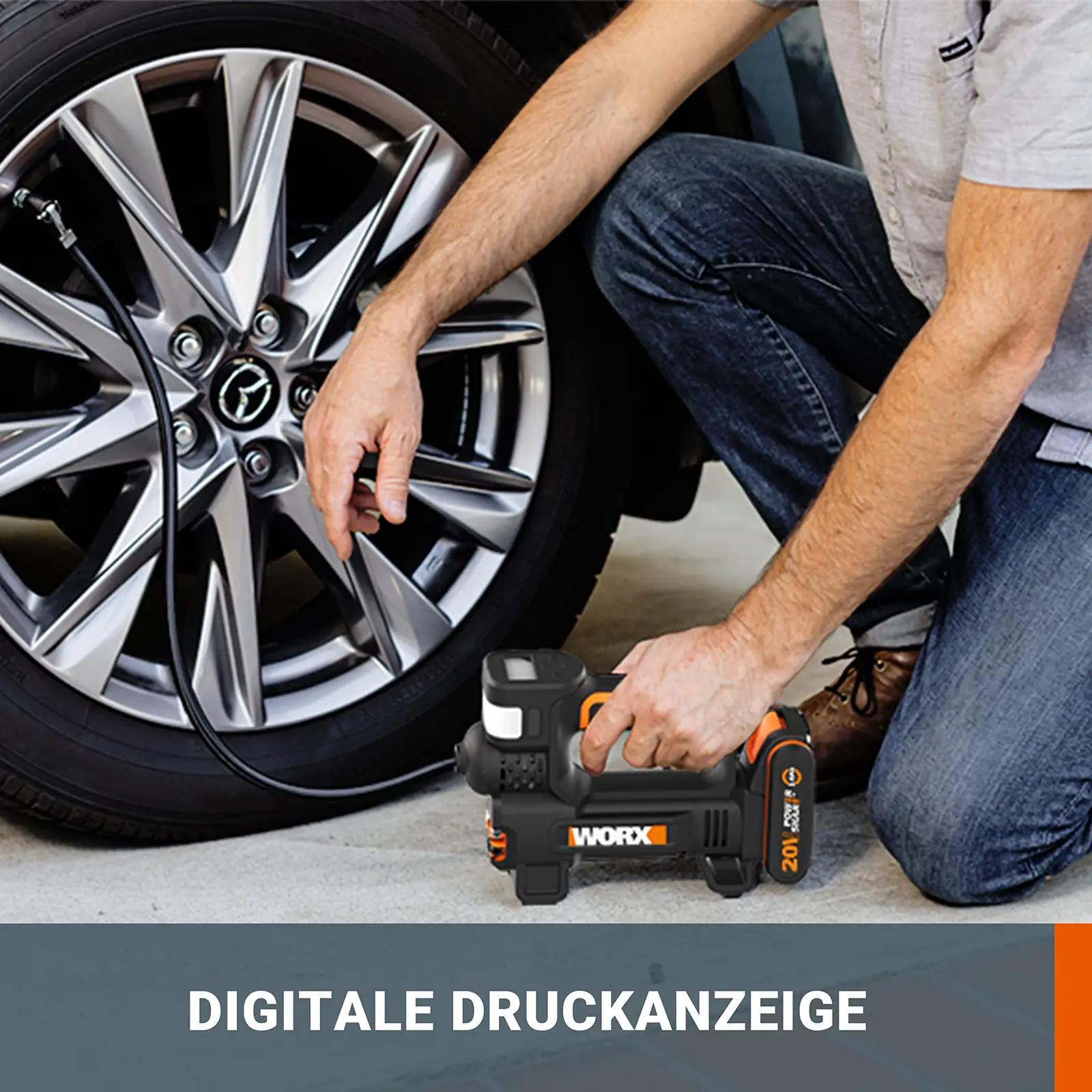WORX akukompressor WX092.9 — mitmekülgne 4-in-1 lahendus rehvide – detailne vaade
