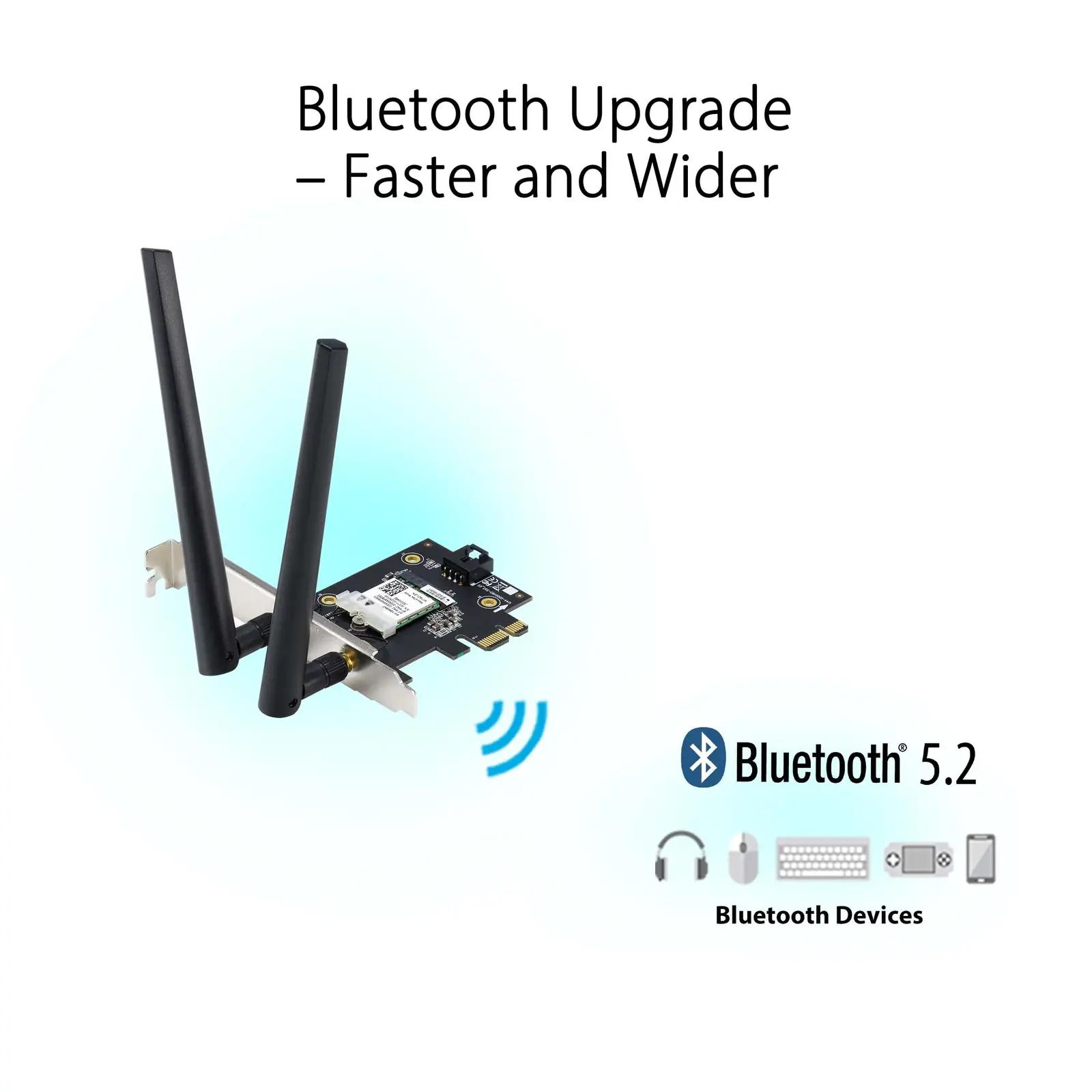 ASUS kiire WiFi 6E PCI-E kaart — stabiilne koduvõrk ja Bluetooth – lisavaade