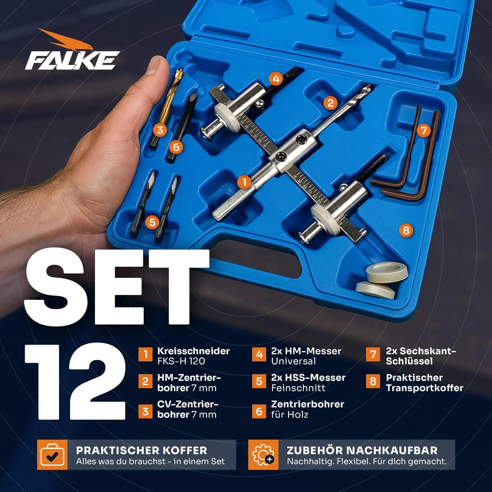 Falke Werkzeuge reguleeritav puuritera 40–120 mm — vastupidav ja – pakend ja tarvikud