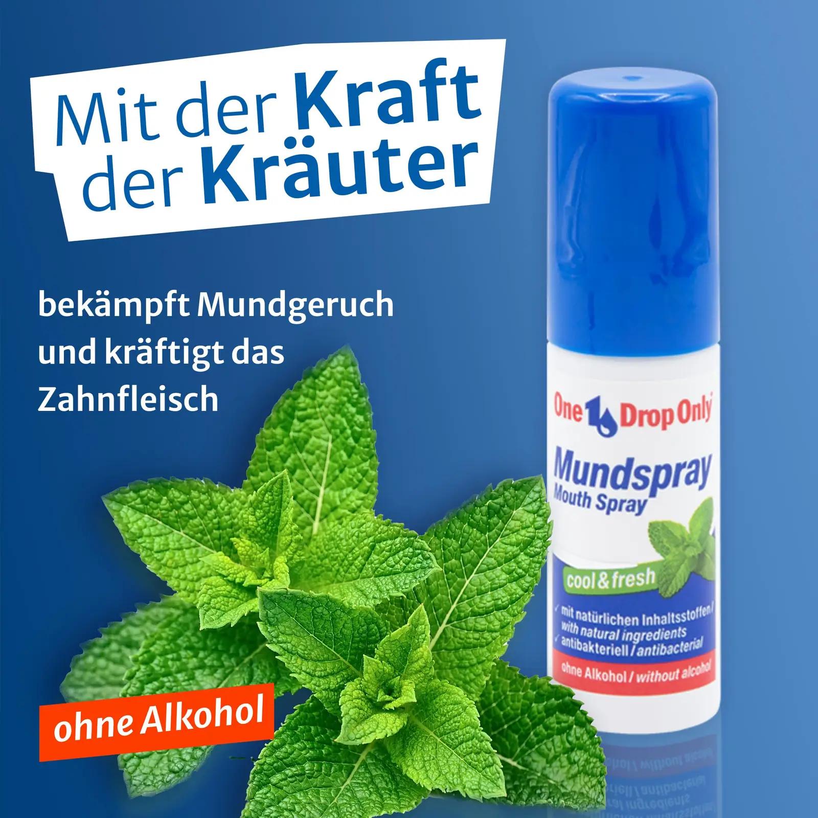 One Drop Only värskendav antibakteriaalne suusprei (15 ml) – pakend ja tarvikud