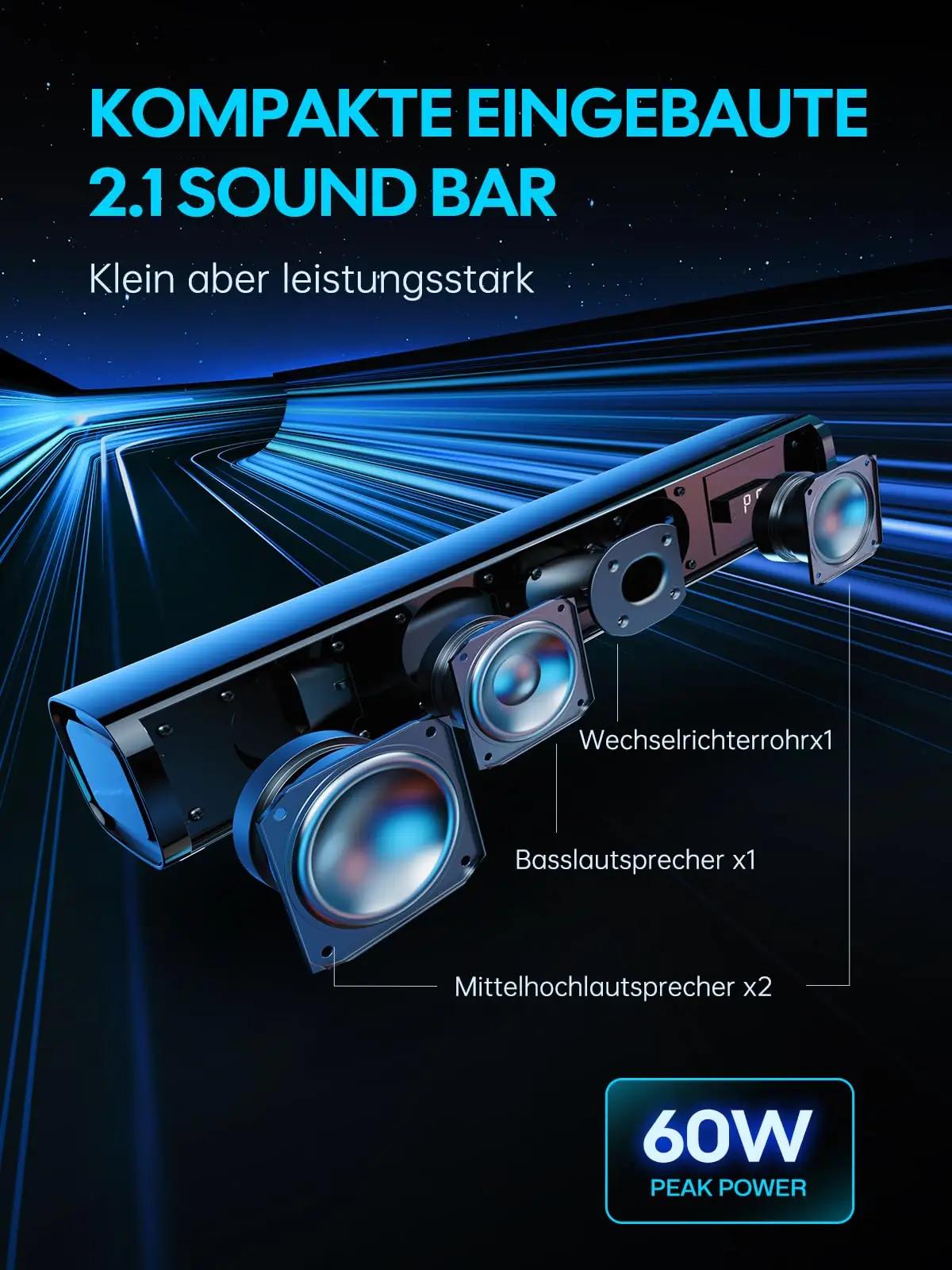MEVOSTO 2.1 mini soundbar integreeritud subwooferiga – pakend ja tarvikud