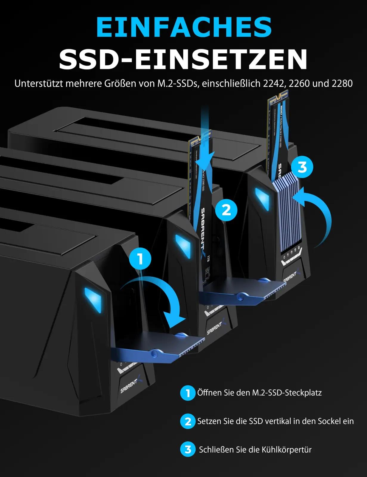 SABRENT alumiiniumist andmekuvar – M.2 NVMe ja SATA Dock – pakend ja tarvikud