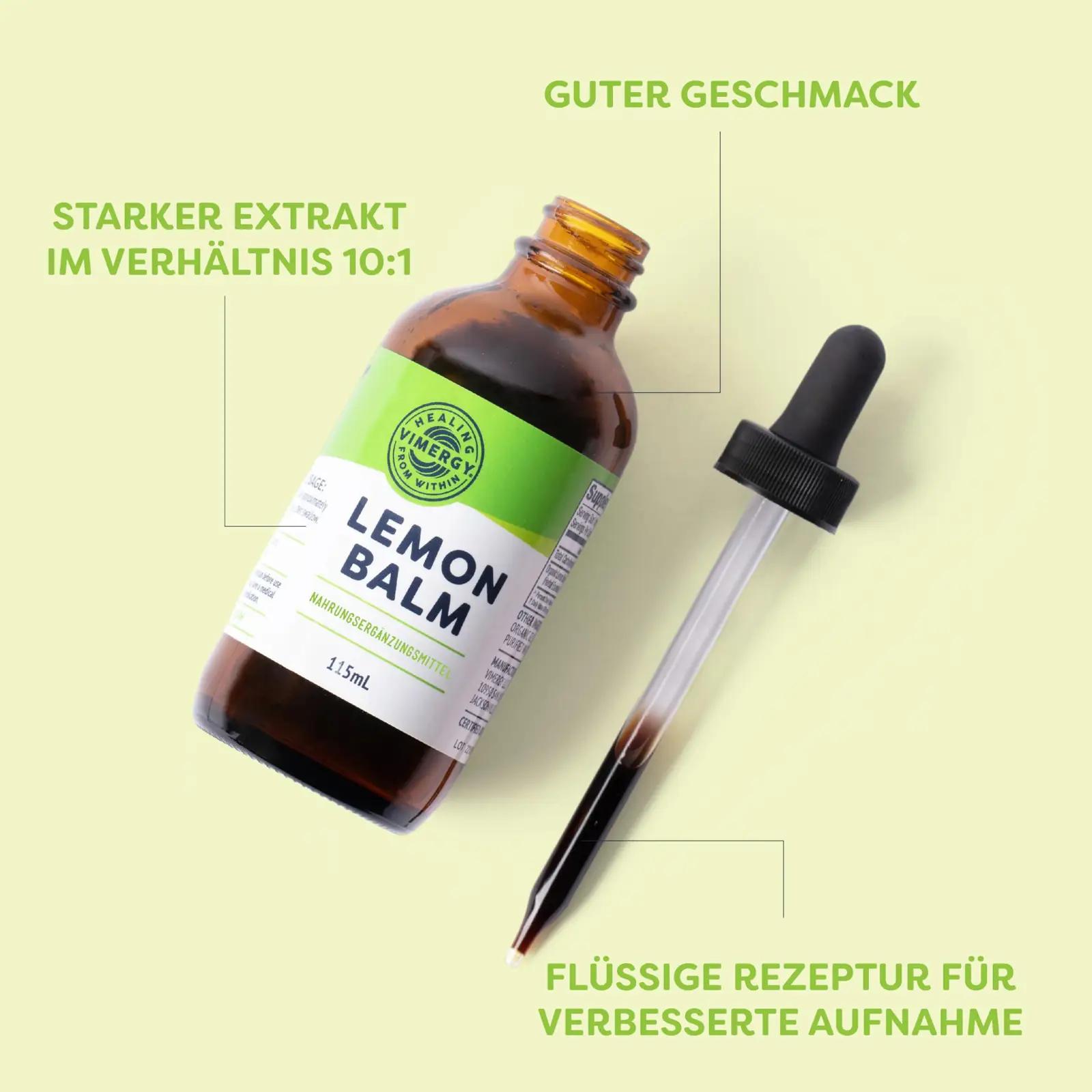 Vimergy sidrunmelissi vedel ekstrakt – looduslik uneabi 115 ml – pakend ja tarvikud