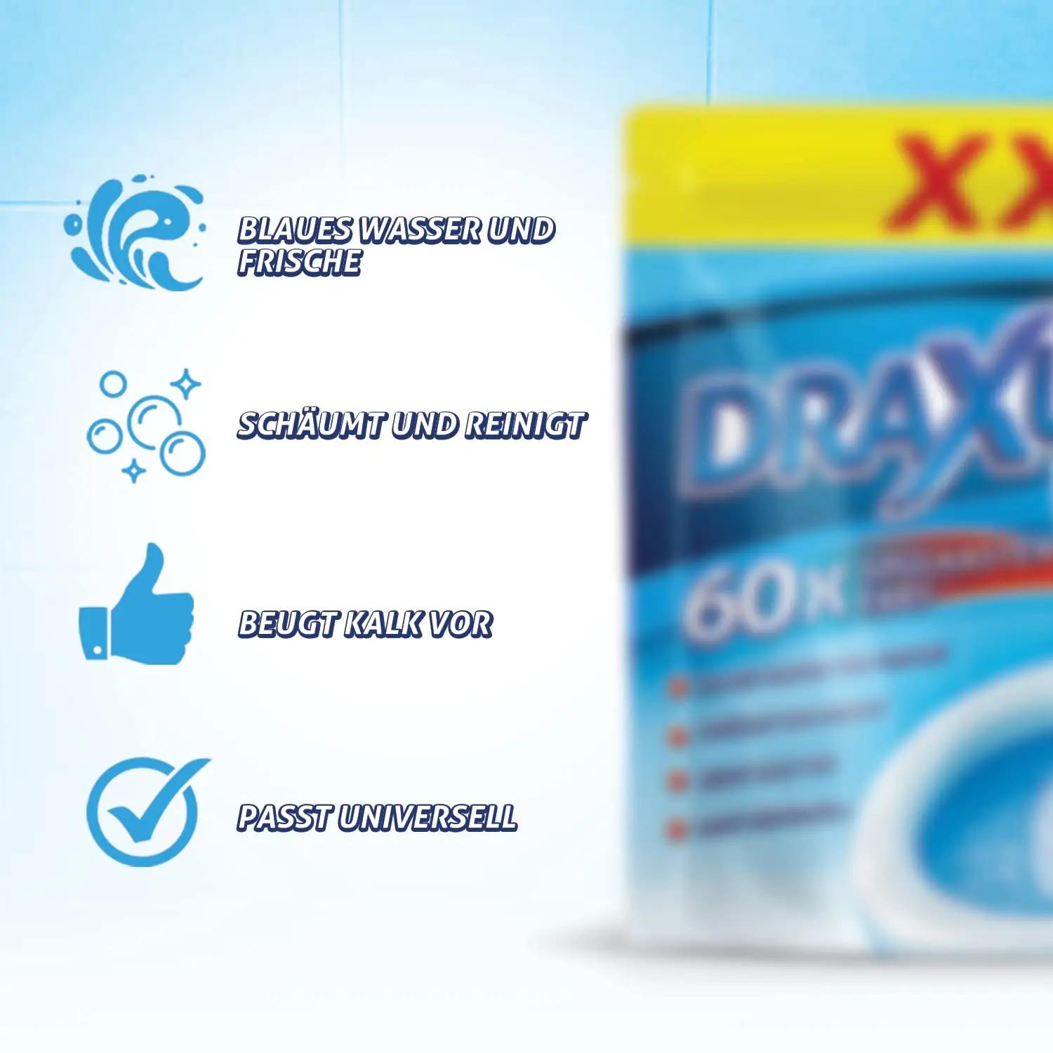 DRAXUS värske sinine WC-tablettide XXL-pakk — 60 tk – pakend ja tarvikud