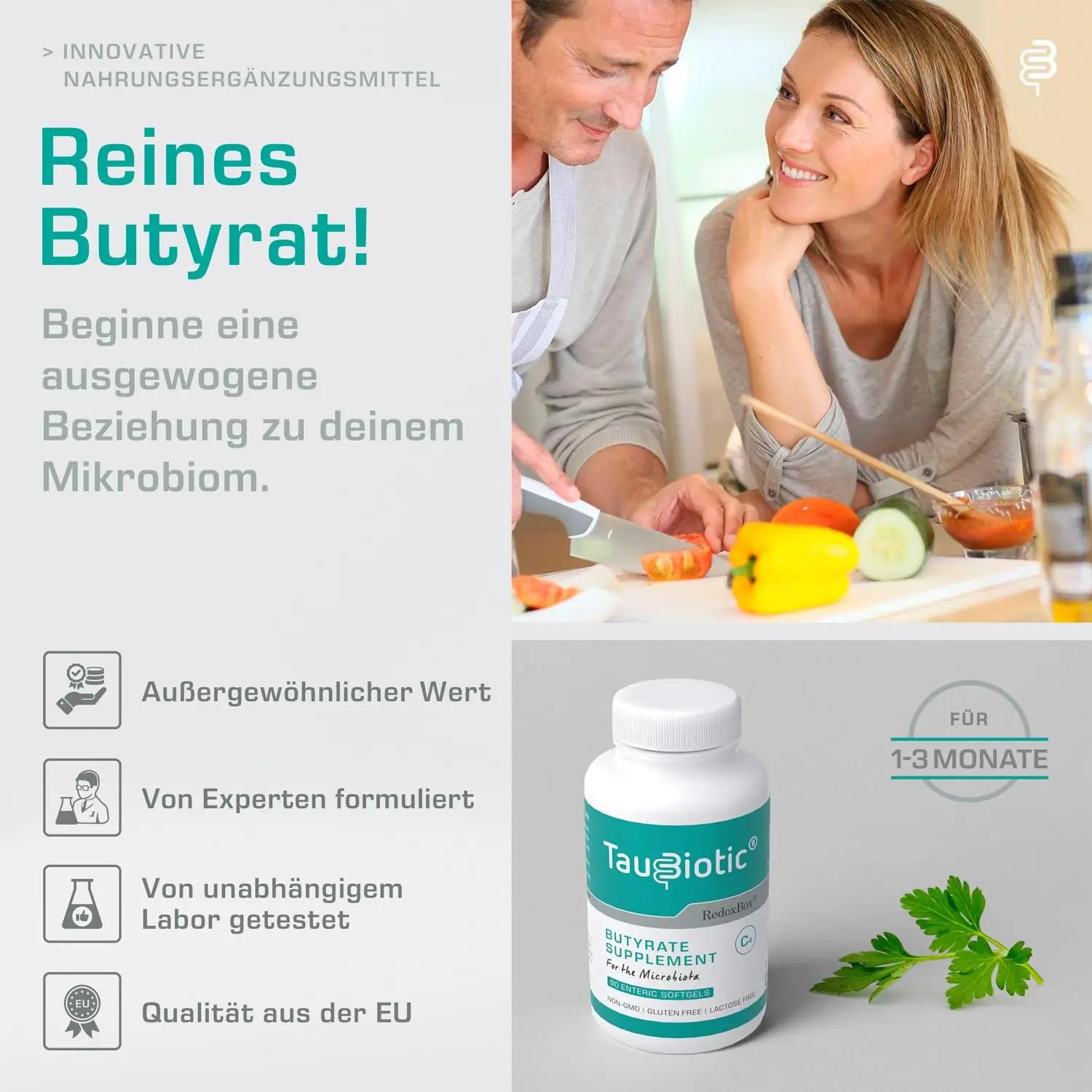RedoxBox TauBiotic® butüraat 500 mg – toetav pehme kapsel – pakend ja tarvikud