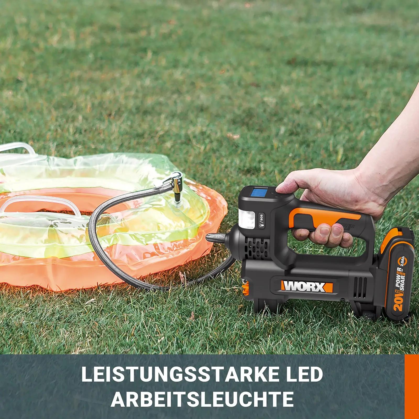 WORX akukompressor WX092.9 — mitmekülgne 4-in-1 lahendus rehvide – kasutusnäide