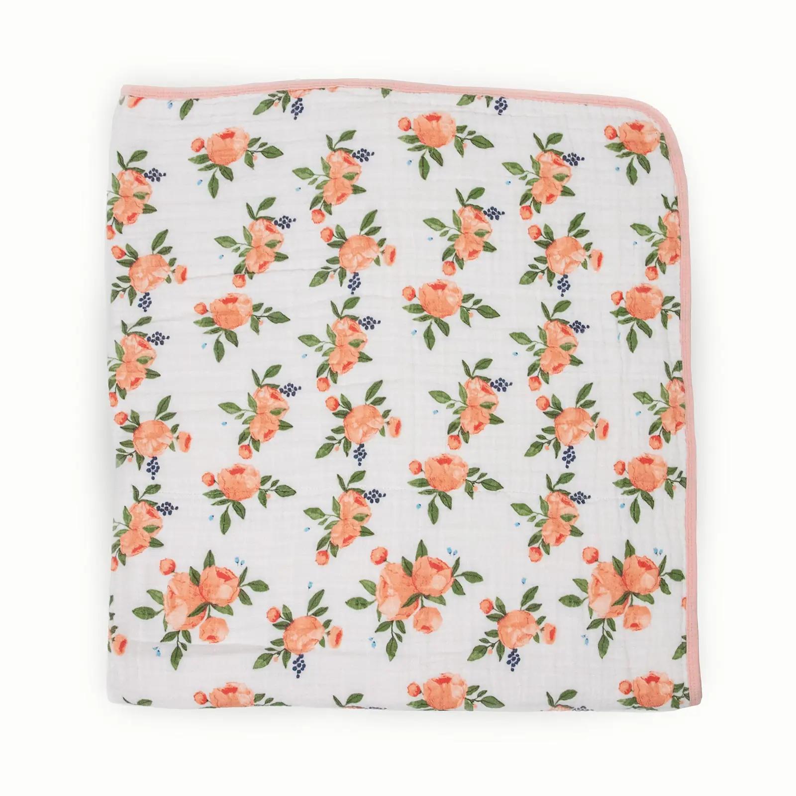 Little Unicorn puuvillane musliintekk – romantiline roosiprint – pakend ja tarvikud