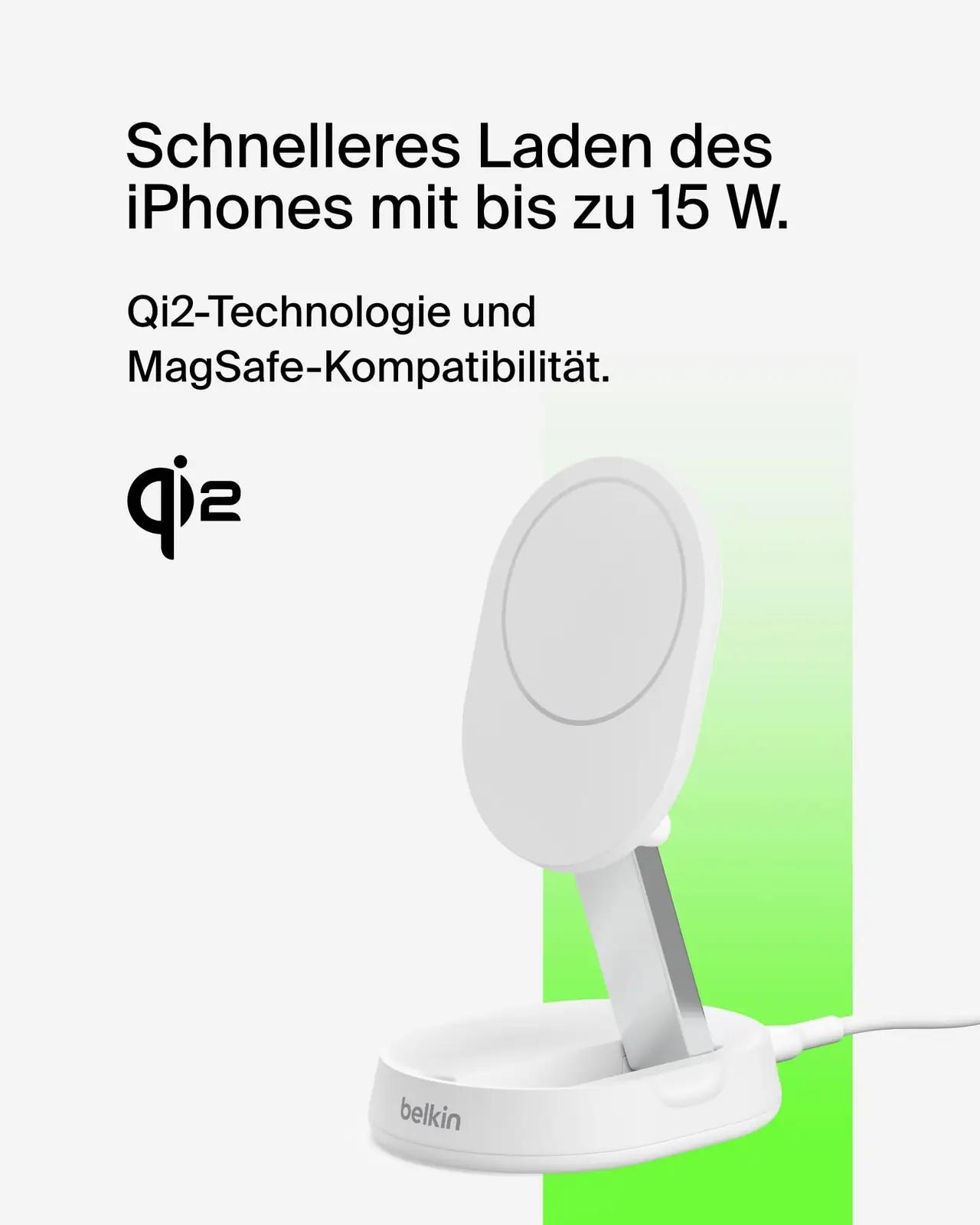 Belkin laadija 15W metallist Qi2 pad koos 20W toiteplokiga – detailne vaade