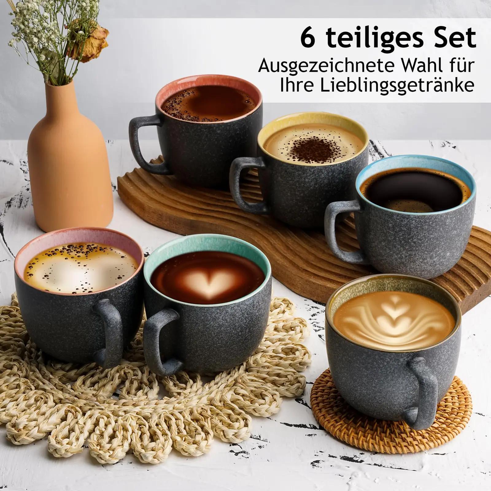 MIAMIO keraamiline suur kohvitassikomplekt — 6 x 470 ml – pakend ja tarvikud