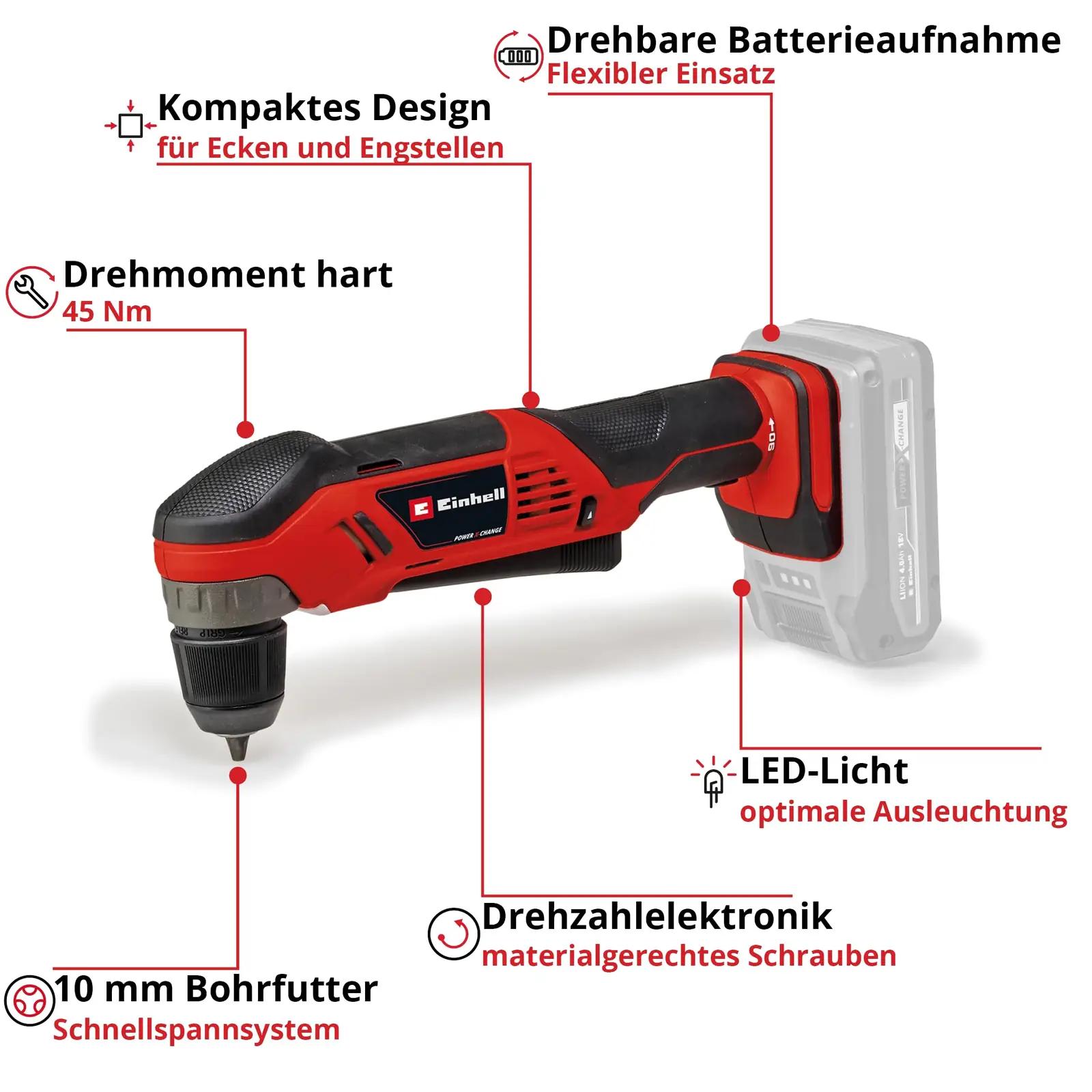 Einhell nurkpuur/keeraja — kompaktne 18 V Power X-Change tööriist – pakend ja tarvikud