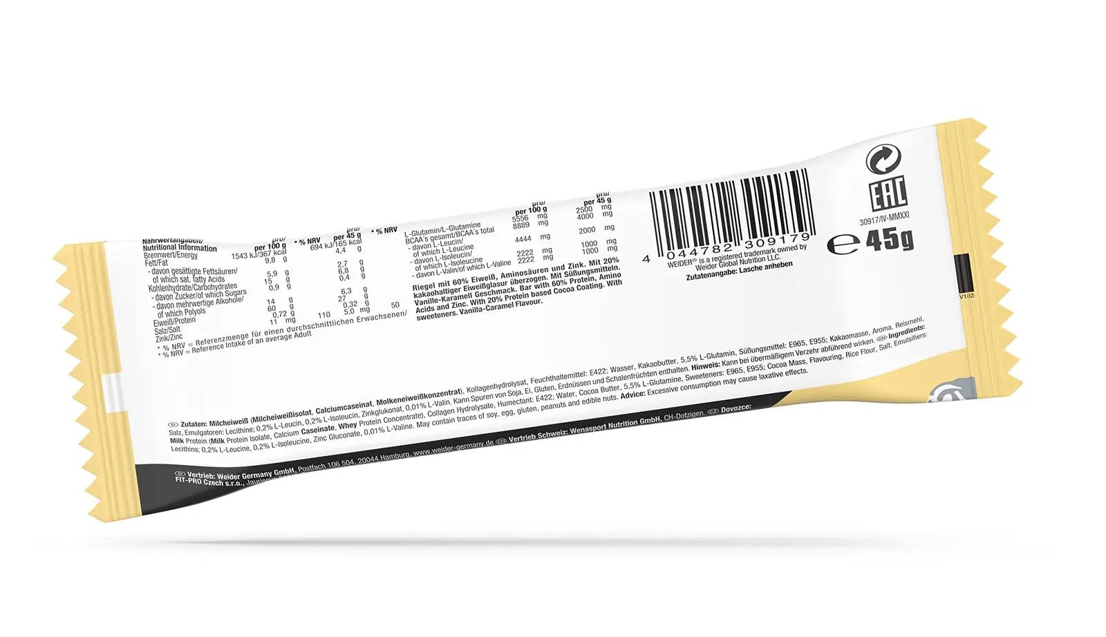 Weider kõrgevalguine maius — Vanilla‑Karamell, 24 x 45 g – pakend ja tarvikud