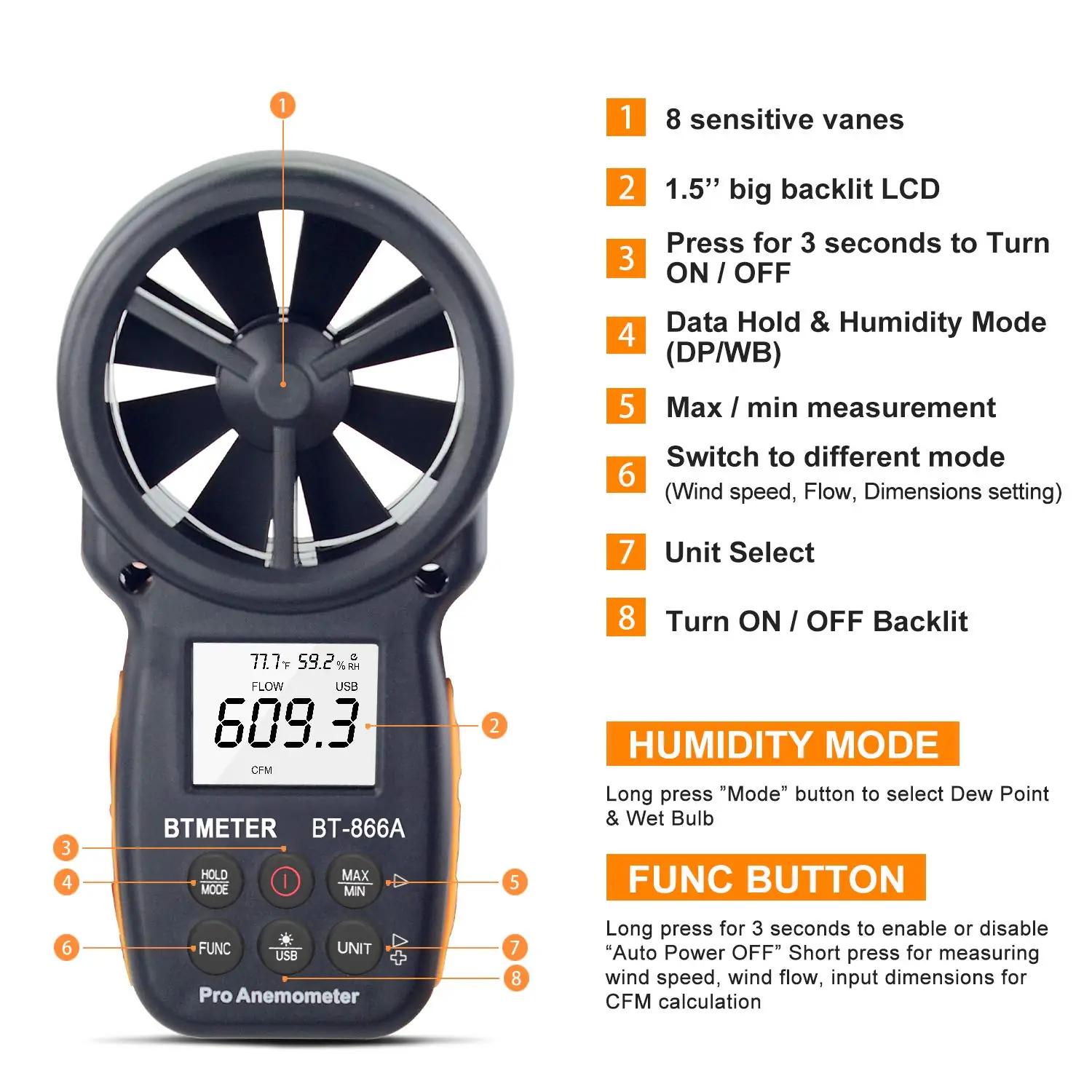 AOPUTTRIVER täpne käeshoitav anemomeeter – ABS-korpus, USB – detailne vaade
